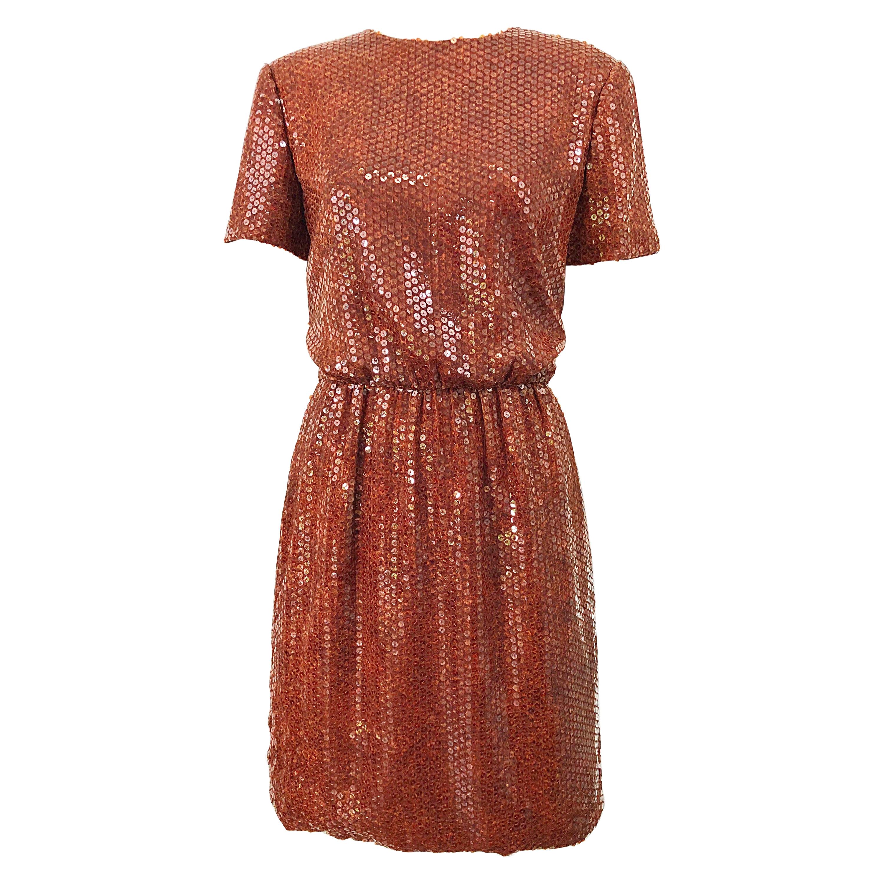 Bill Blass 1980s Tortoise Shell Print Brown Sequin Size 6 Vintage 80s Dress