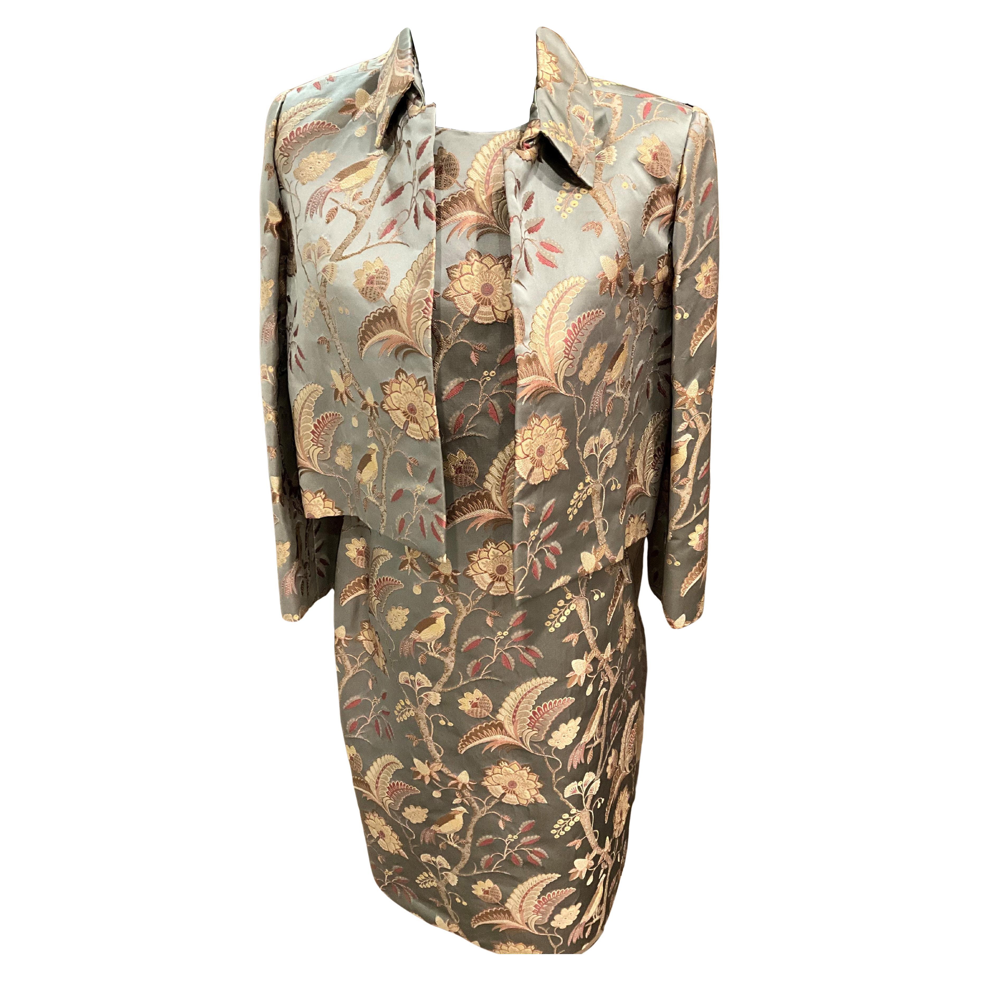 Bill Blass 2-piece Satin Sage Green Dress and Coat Set en venta