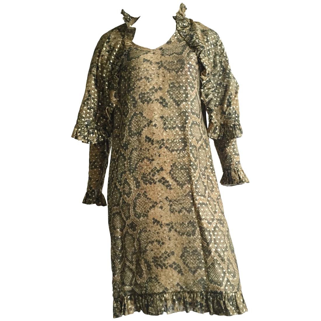 Bill Blass 70s Silk Snake Print with Shawl Dress Size 12. For Sale