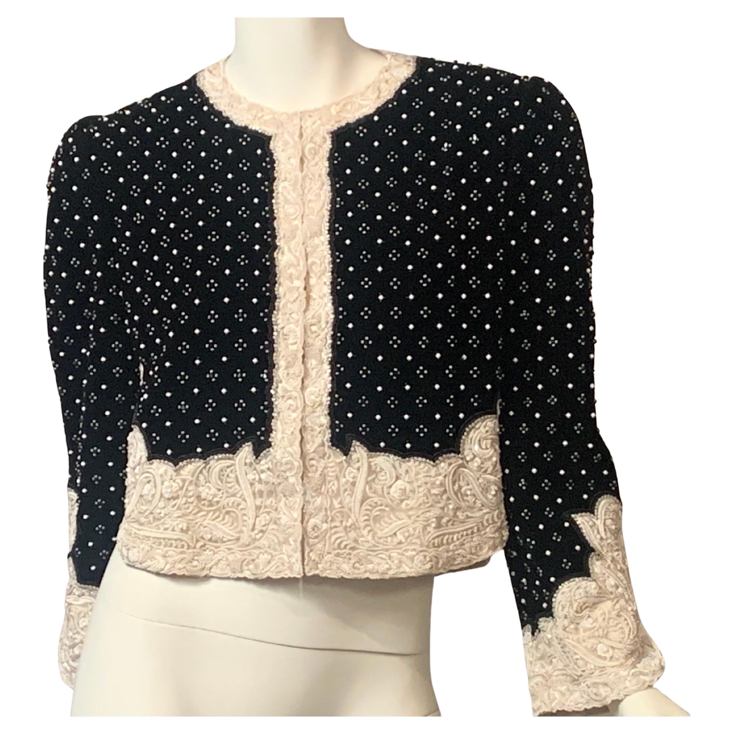 Bill Blass Beaded Black Velvet Jacket with Pure White Beaded Trim