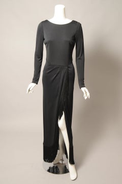 Bill Blass Black Jersey Dress with Fringe Trimmed Sexy High Slit