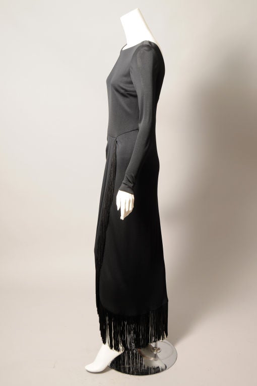 Bill Blass Black Jersey Dress with Fringe Trimmed Sexy High Slit  In Excellent Condition For Sale In New Hope, PA
