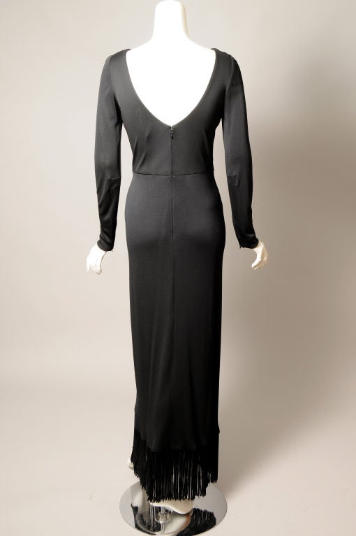 Women's Bill Blass Black Jersey Dress with Fringe Trimmed Sexy High Slit  For Sale