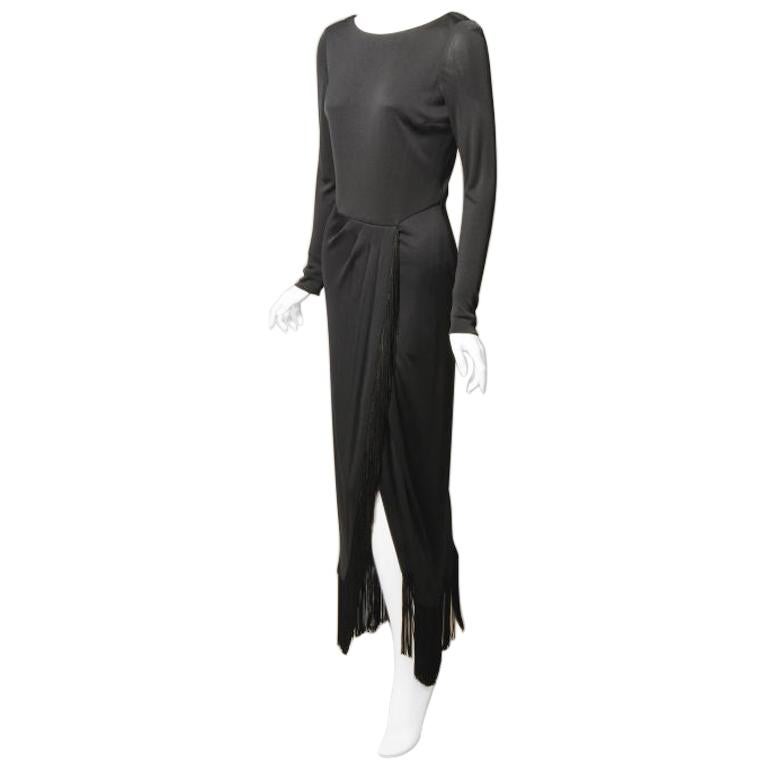 Bill Blass Black Jersey Dress with Fringe Trimmed Sexy High Slit  For Sale