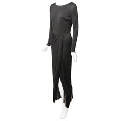 Bill Blass Black Jersey Dress with Fringe Trimmed Sexy High Slit 