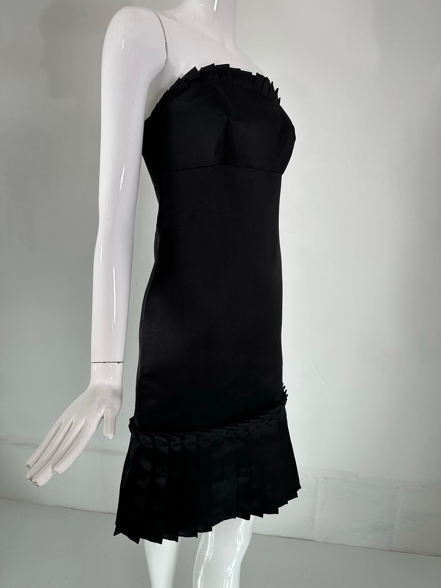 Bill Blass Black Silk Satin Strapless Cocktail Dress with Tailored Ruffles 2 For Sale 9