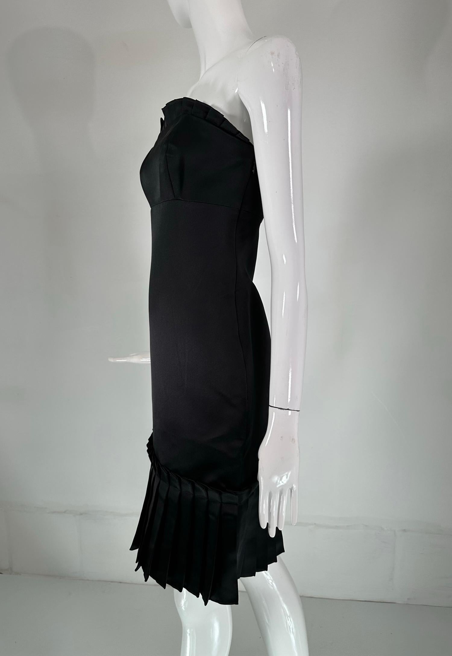 Women's Bill Blass Black Silk Satin Strapless Cocktail Dress with Tailored Ruffles 2 For Sale
