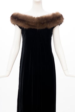 Bill Blass Black Silk Velvet Evening Dress Off-Shoulder Sable Neckline, Fall 1984