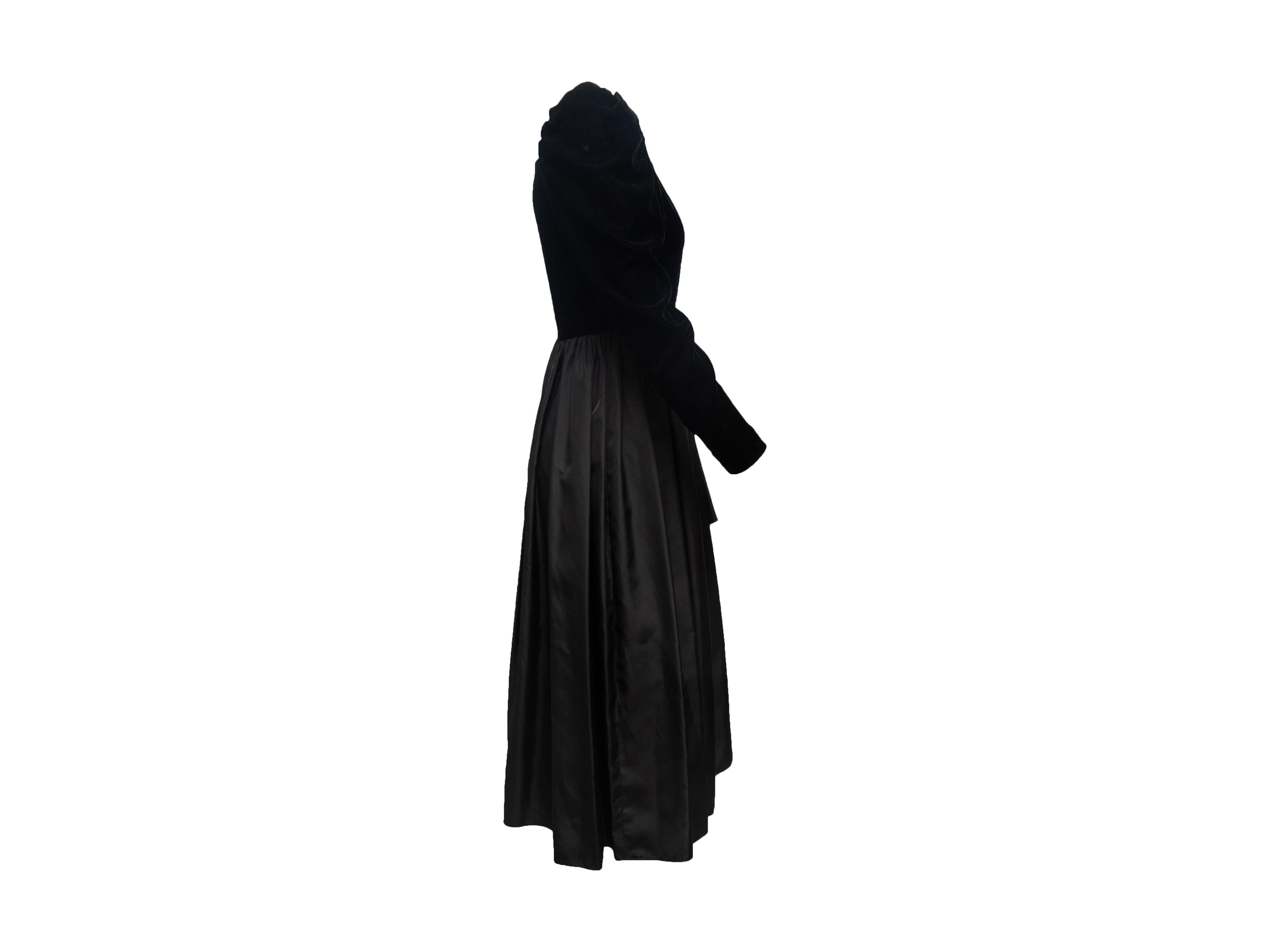 Product details: Vintage black velvet and taffeta evening dress by Bill Blass. Square neckline. Long sleeves. Designer size 12. 37