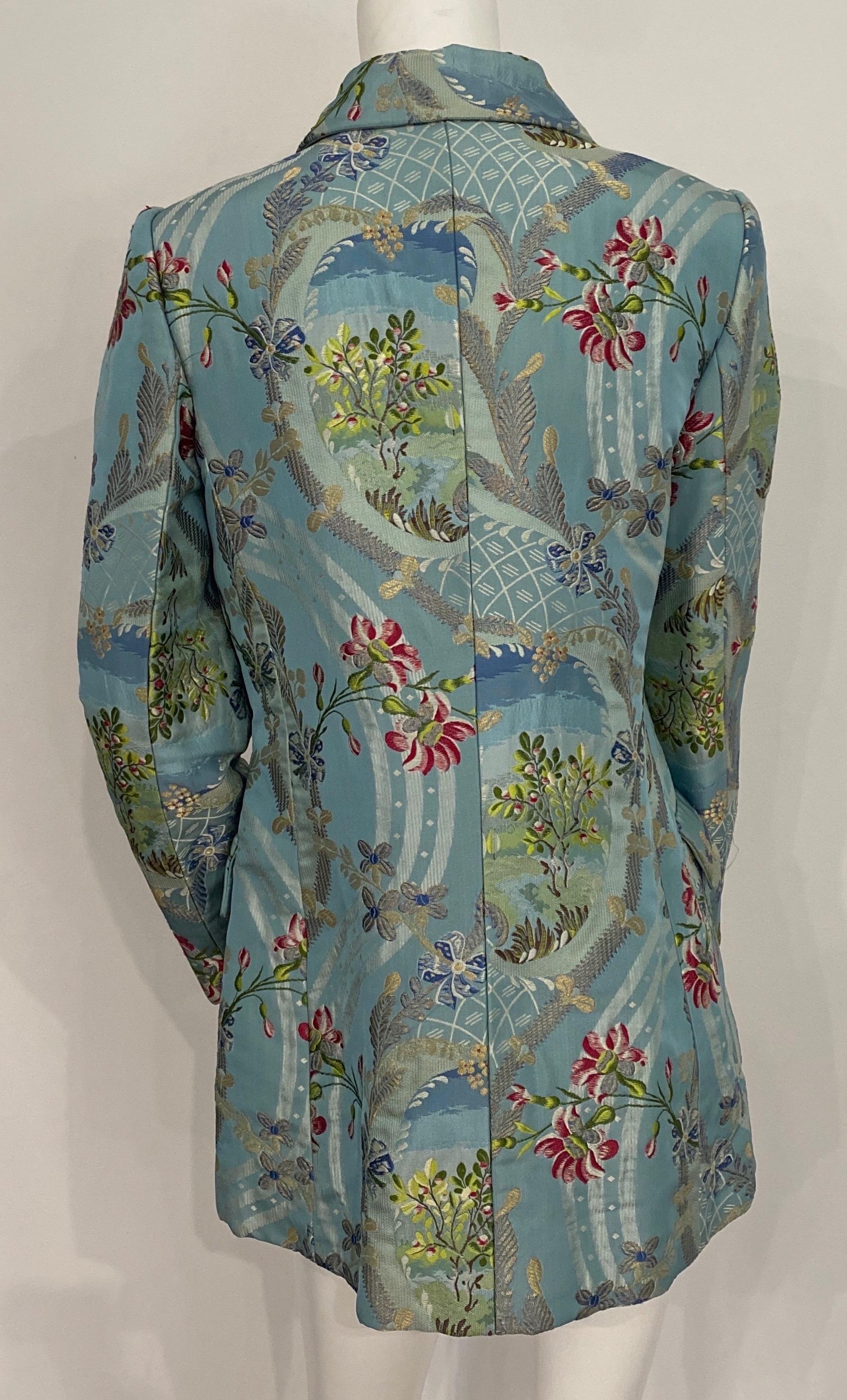 Bill Blass Blue Silk Floral Brocade Long Jacket-Size 6 For Sale 4