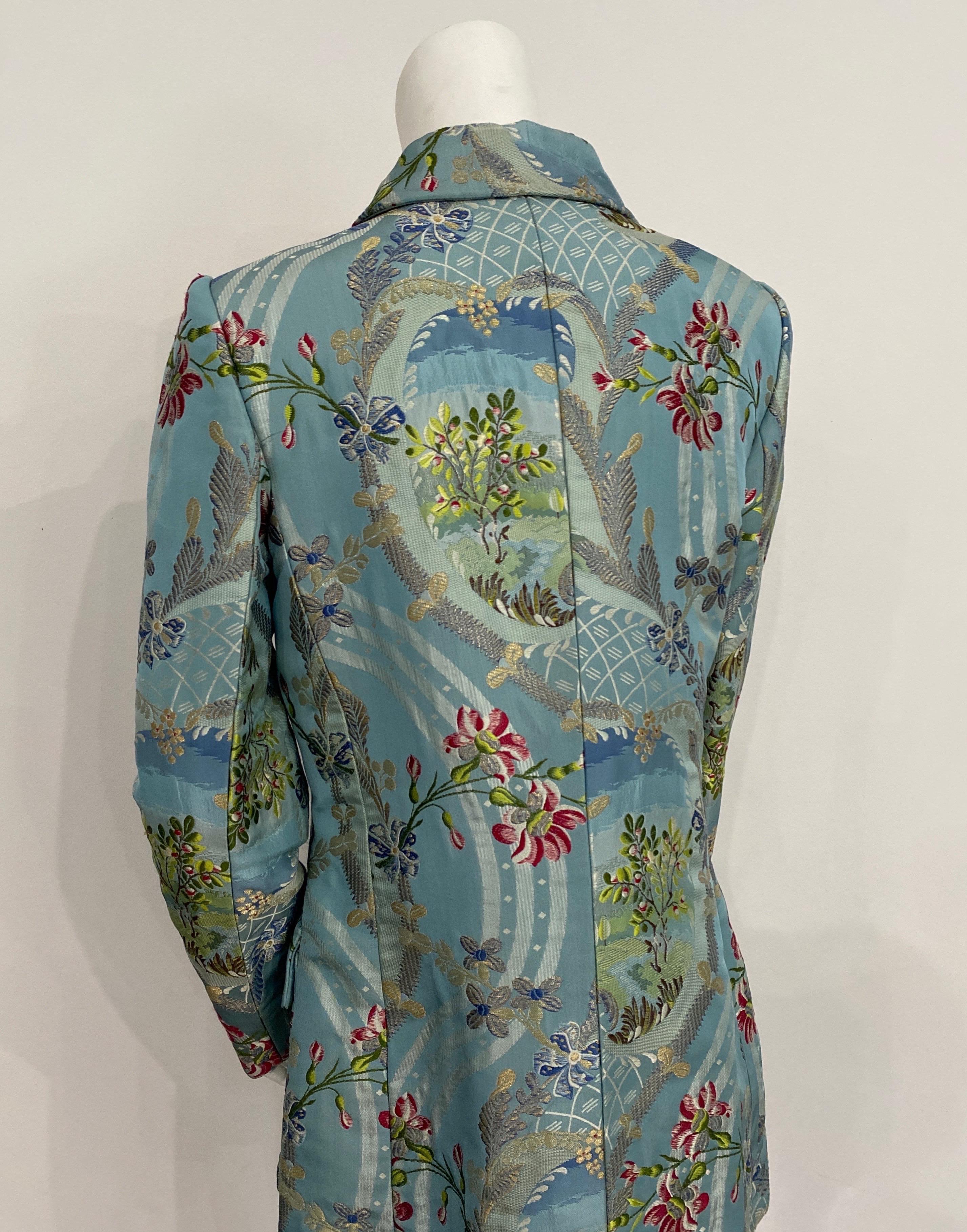 Bill Blass Blue Silk Floral Brocade Long Jacket-Size 6 For Sale 5