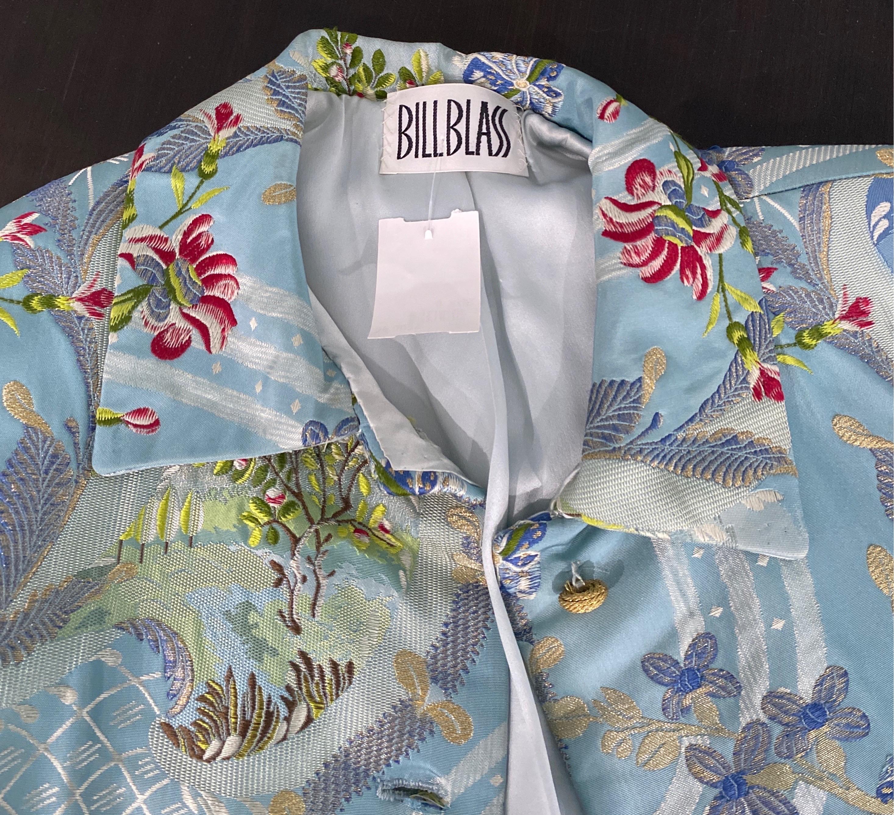 Bill Blass Blue Silk Floral Brocade Long Jacket-Size 6 For Sale 6