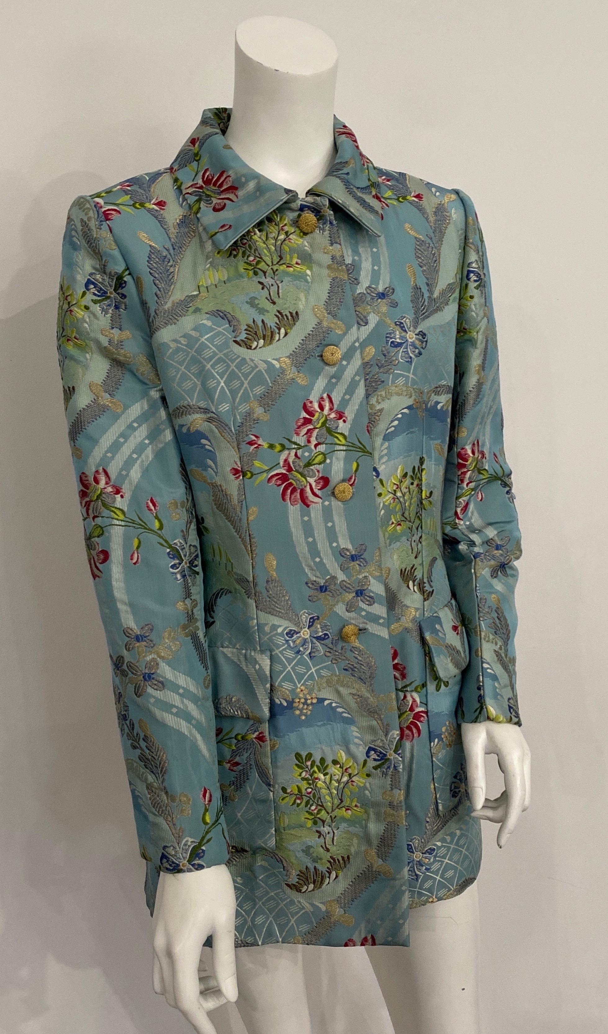 Bill Blass - Veste longue en brocart de soie à fleurs bleues - Taille 6 Bon état - En vente à West Palm Beach, FL