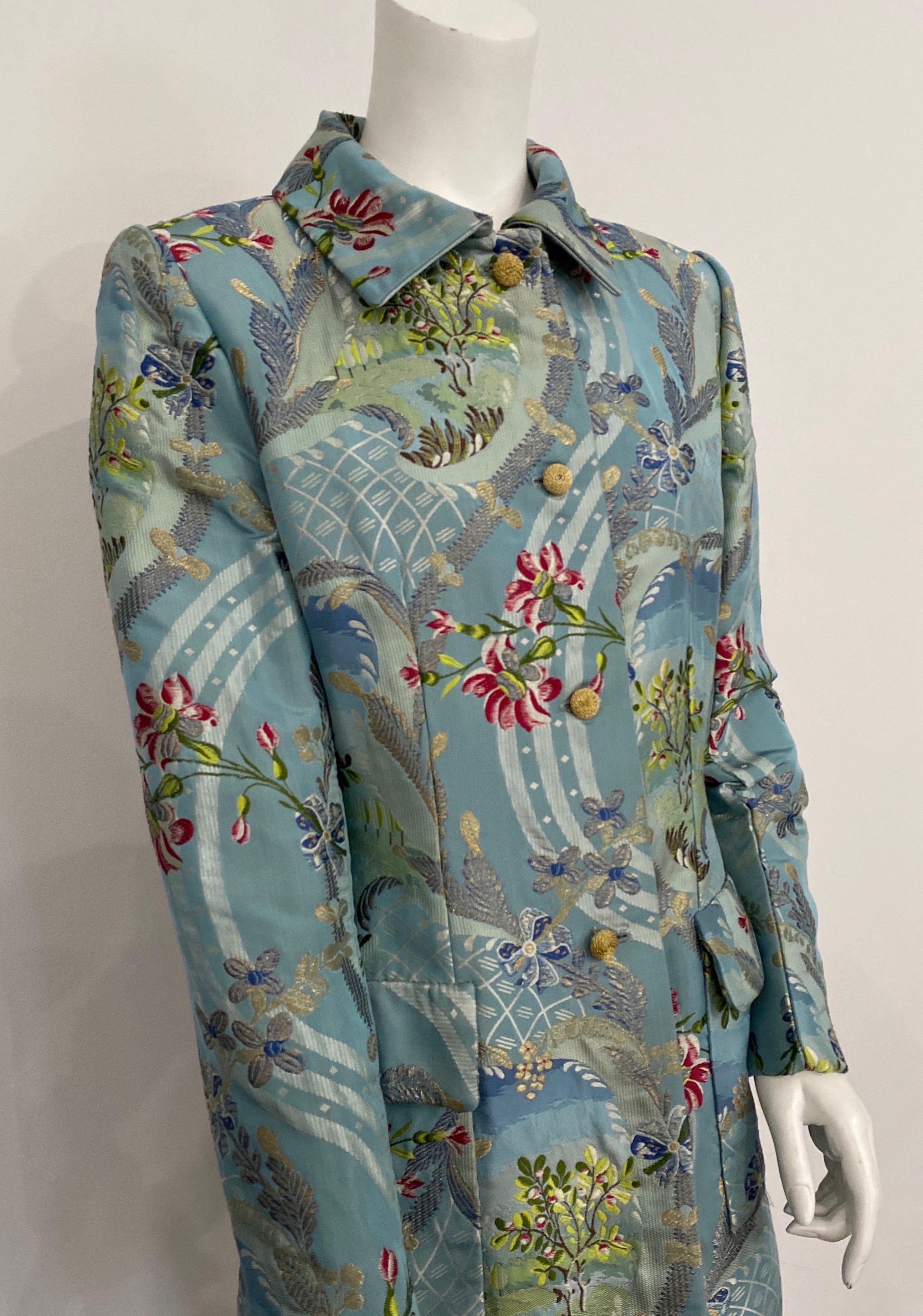 Bill Blass - Veste longue en brocart de soie à fleurs bleues - Taille 6 Pour femmes en vente