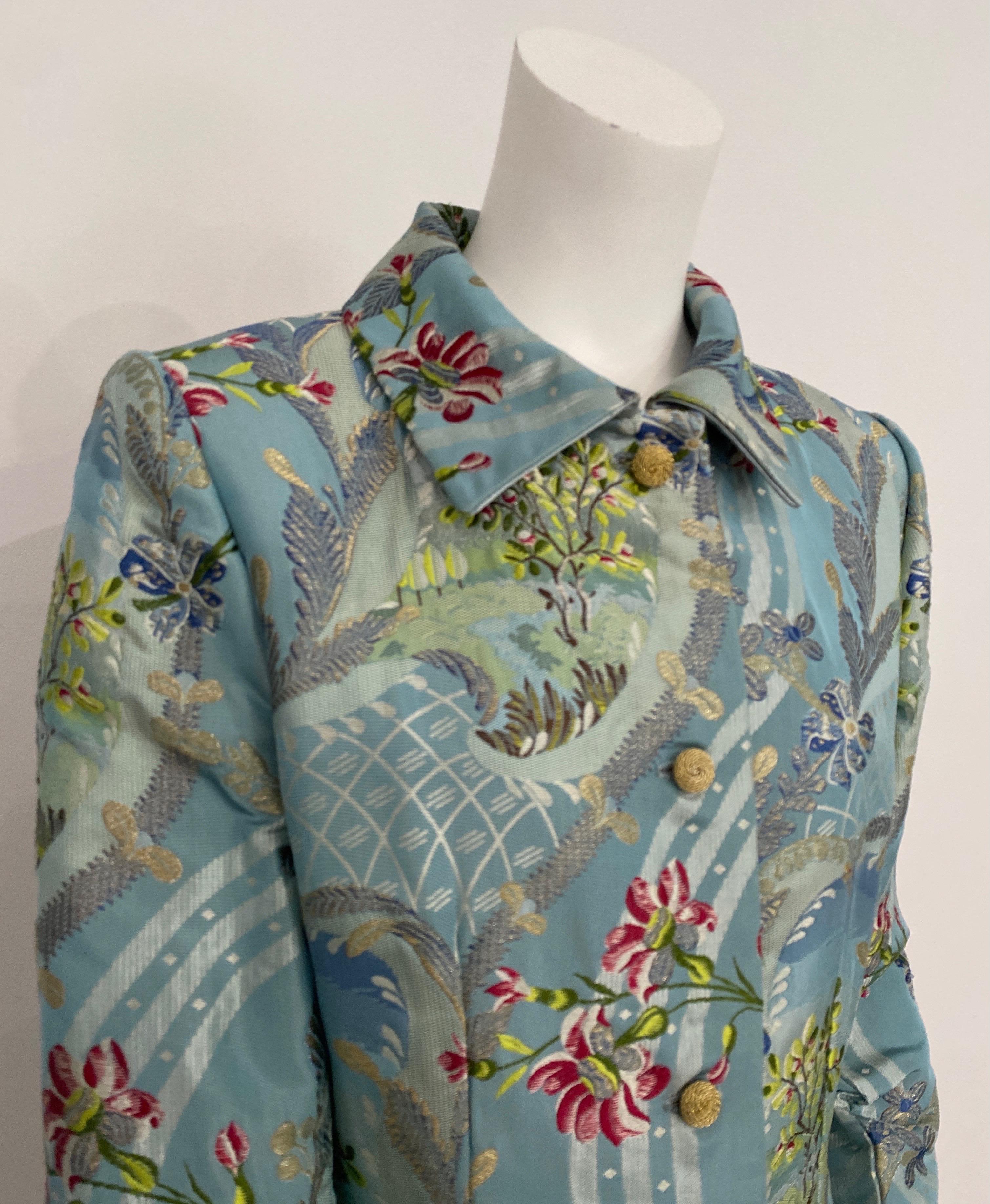 Bill Blass Blue Silk Floral Brocade Long Jacket-Size 6 In Good Condition For Sale In West Palm Beach, FL