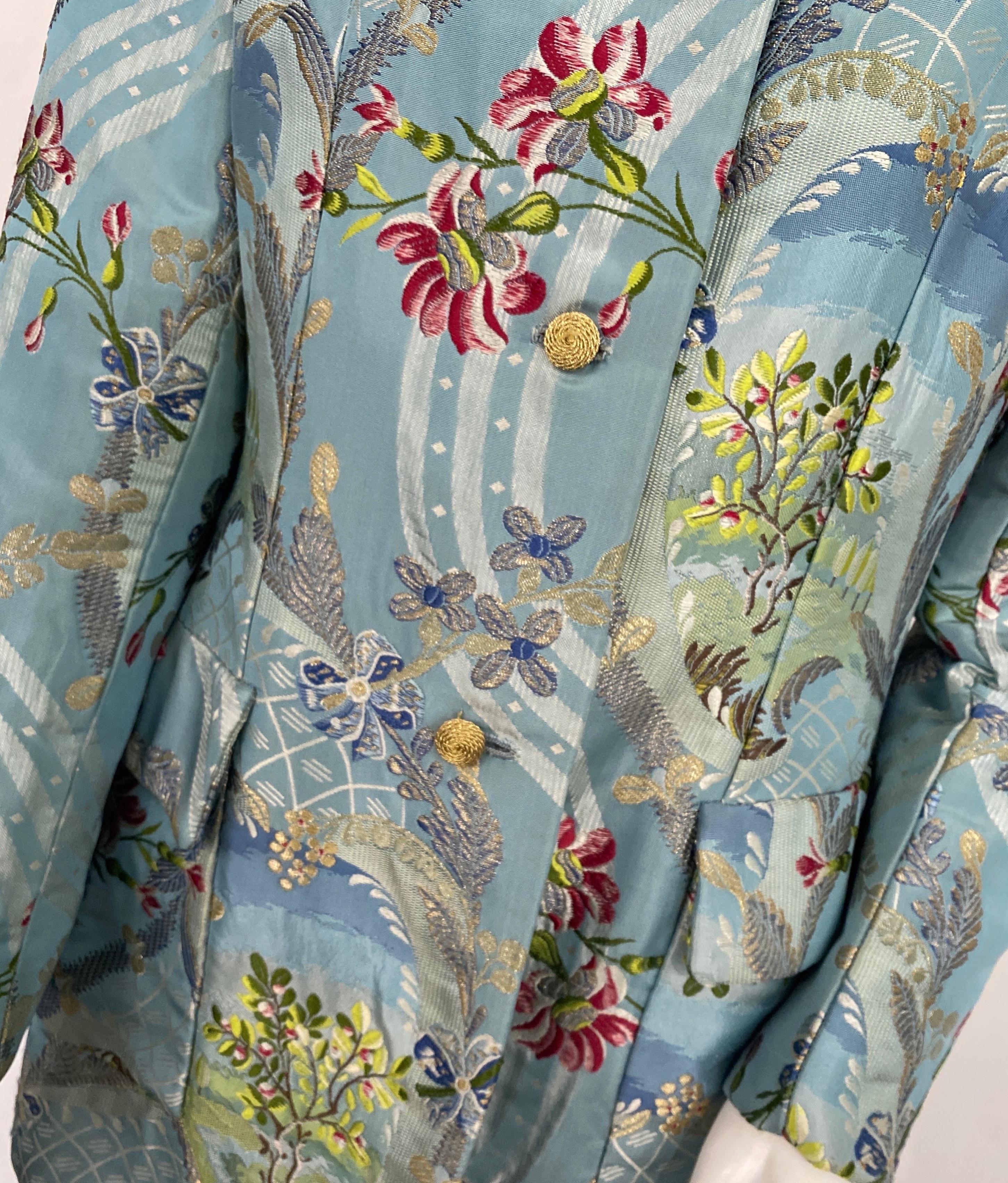 Women's Bill Blass Blue Silk Floral Brocade Long Jacket-Size 6 For Sale