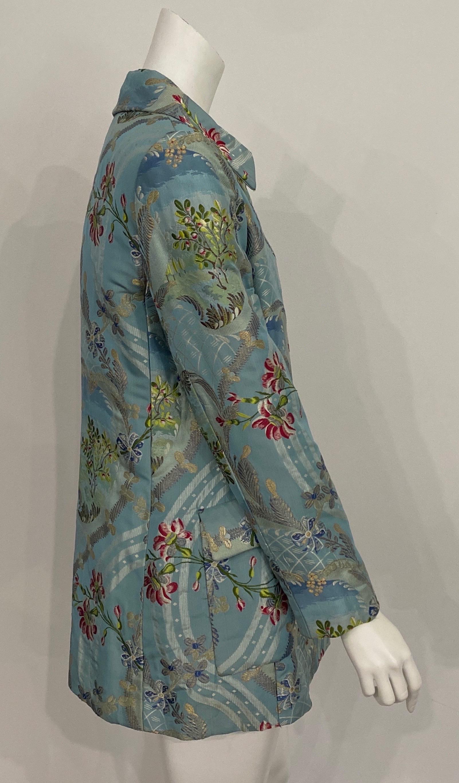 Bill Blass Blue Silk Floral Brocade Long Jacket-Size 6 For Sale 1