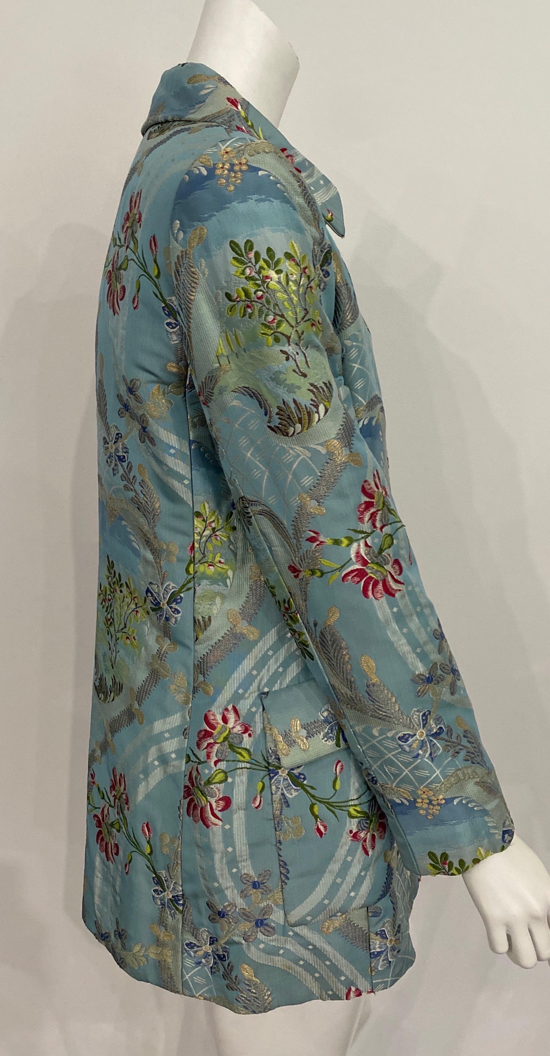 Bill Blass Blue Silk Floral Brocade Long Jacket-Size 6 For Sale 2