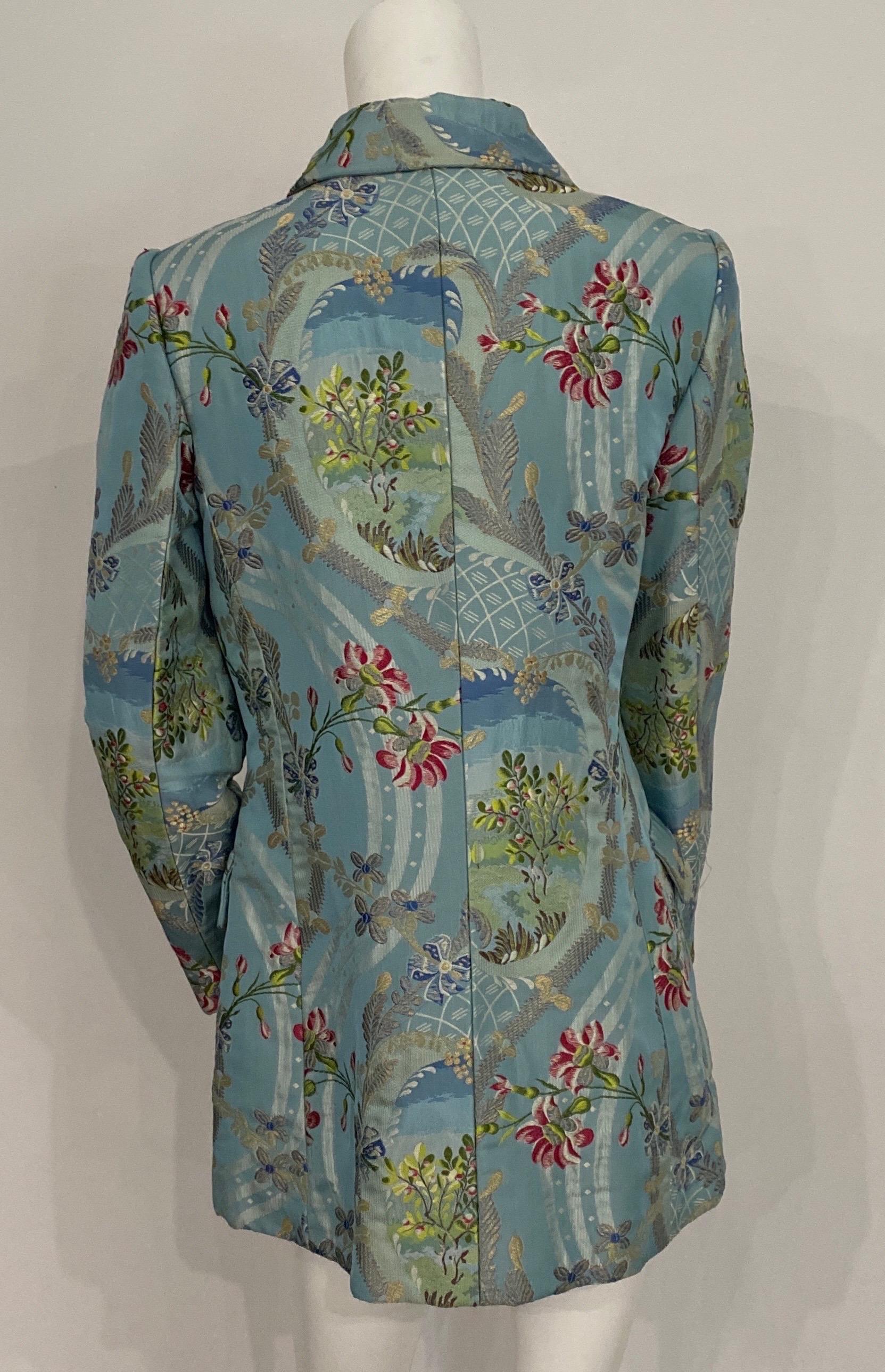 Bill Blass Blue Silk Floral Brocade Long Jacket-Size 6 For Sale 3