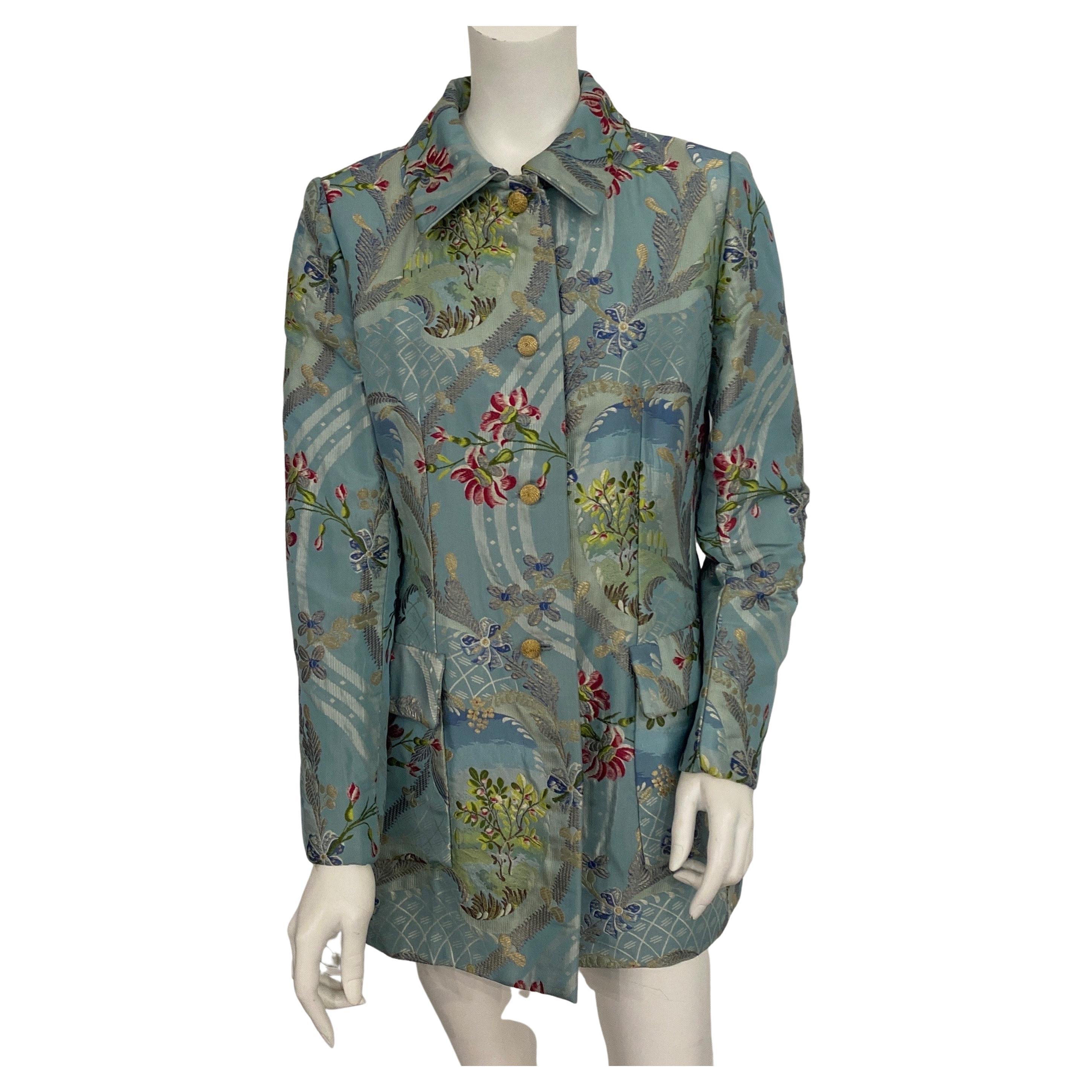 Bill Blass Blue Silk Floral Brocade Long Jacket-Size 6 For Sale