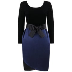 BILL BLASS c.1970's Black Navy Silk Velvet Tulip Skirt Belted Evening Dress