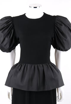 BILL BLASS c.1980's Black Crepe Dramatic Puff Sleeve Peplum Skirt Party Dress