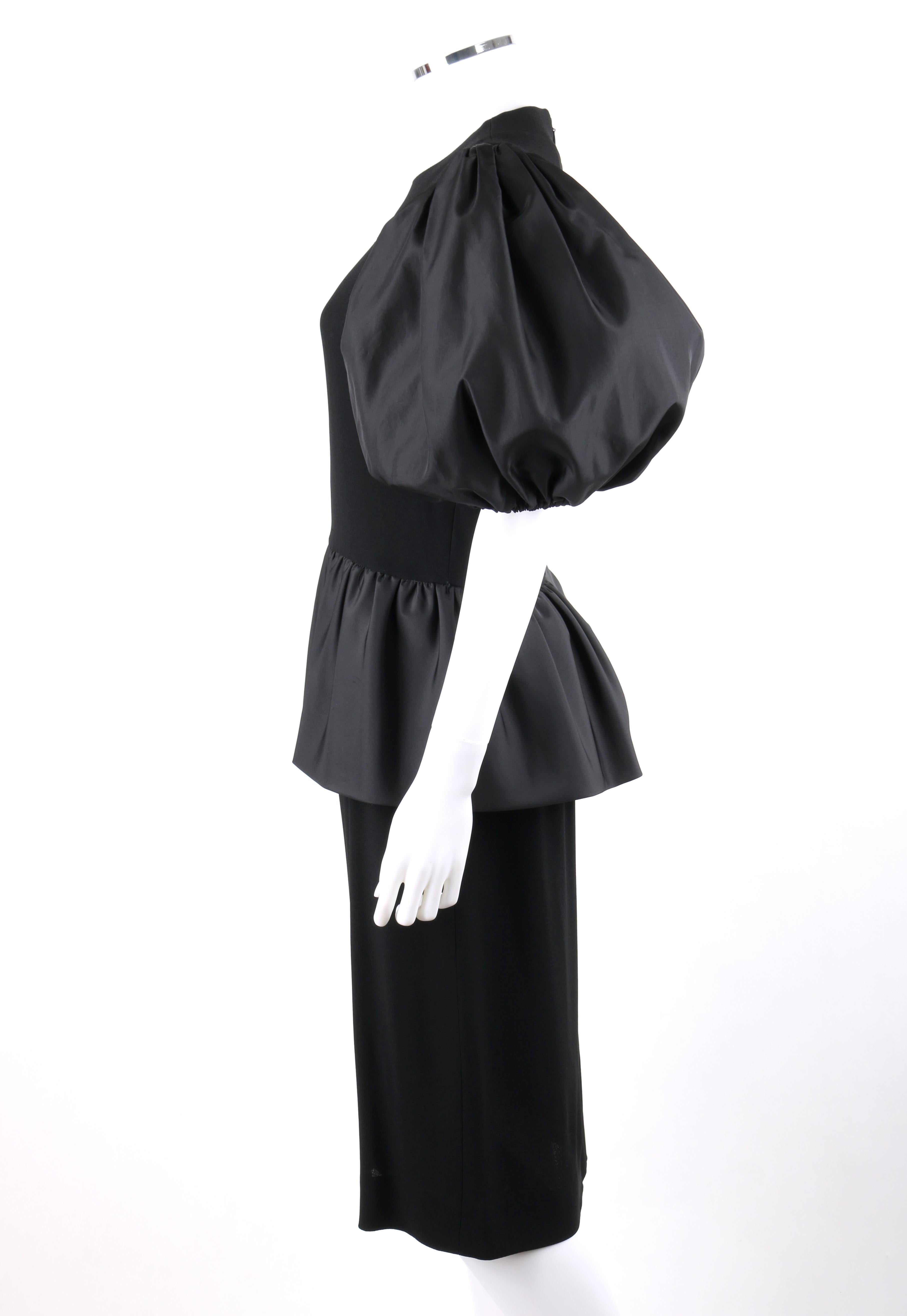 BILL BLASS c.1980's Black Crepe Dramatic Puff Sleeve Peplum Skirt Party Dress In Good Condition For Sale In Thiensville, WI
