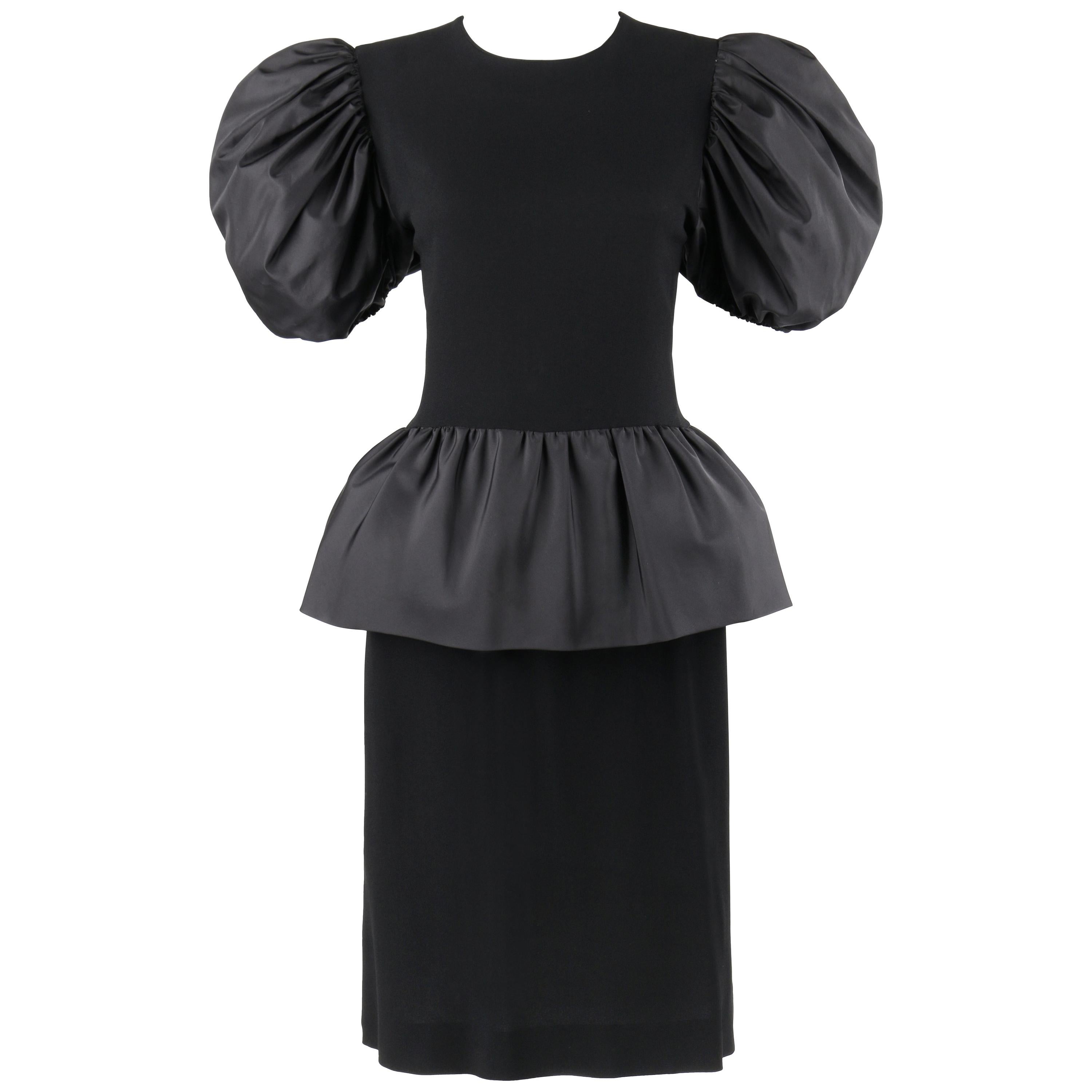 BILL BLASS c.1980's Black Crepe Dramatic Puff Sleeve Peplum Skirt Party Dress For Sale