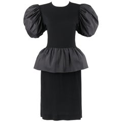 Vintage BILL BLASS c.1980's Black Crepe Dramatic Puff Sleeve Peplum Skirt Party Dress