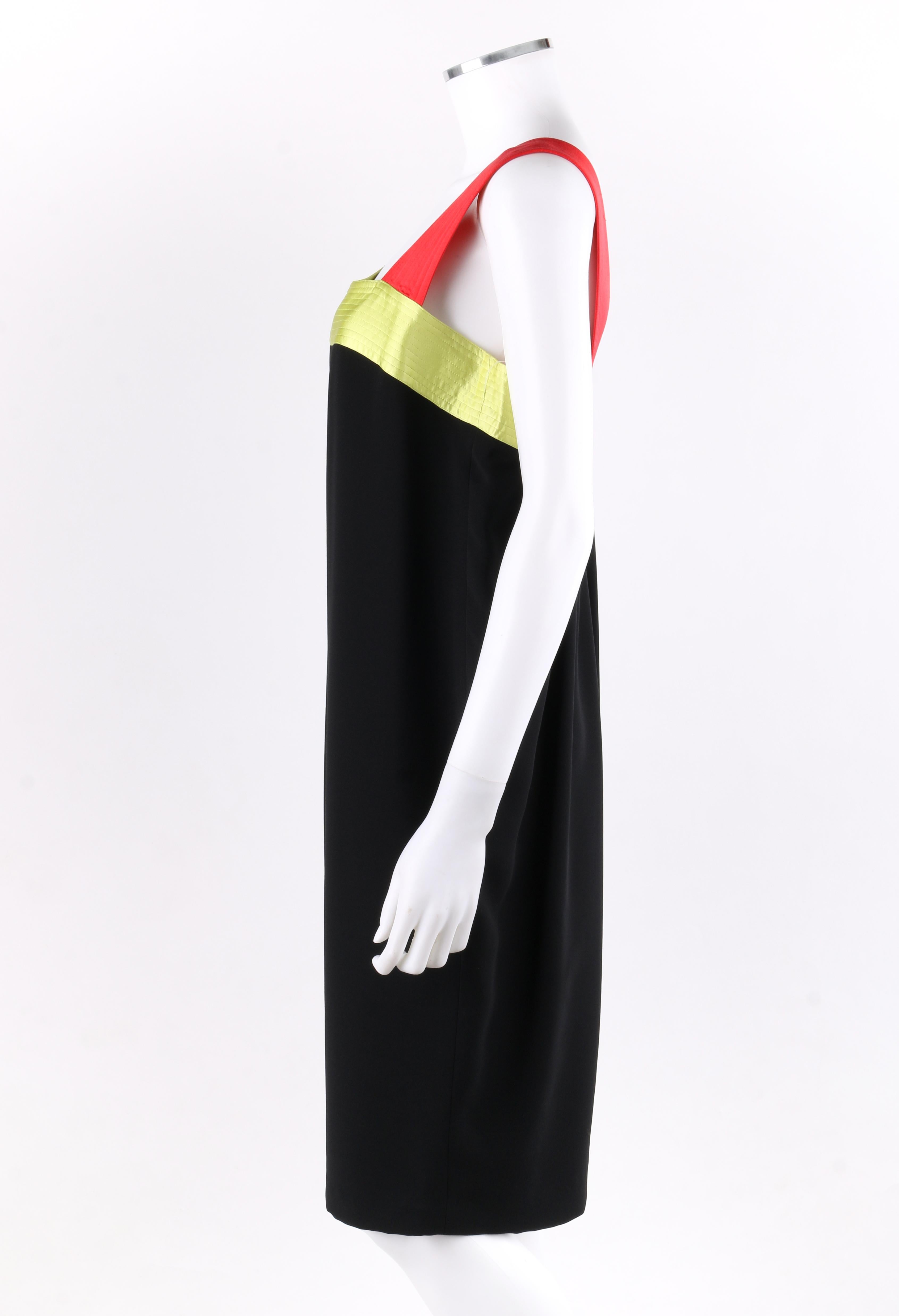 BILL BLASS c.1980’s Black Red Green Satin Trim Accent Sleeveless Sack Dress NWT In Good Condition In Thiensville, WI