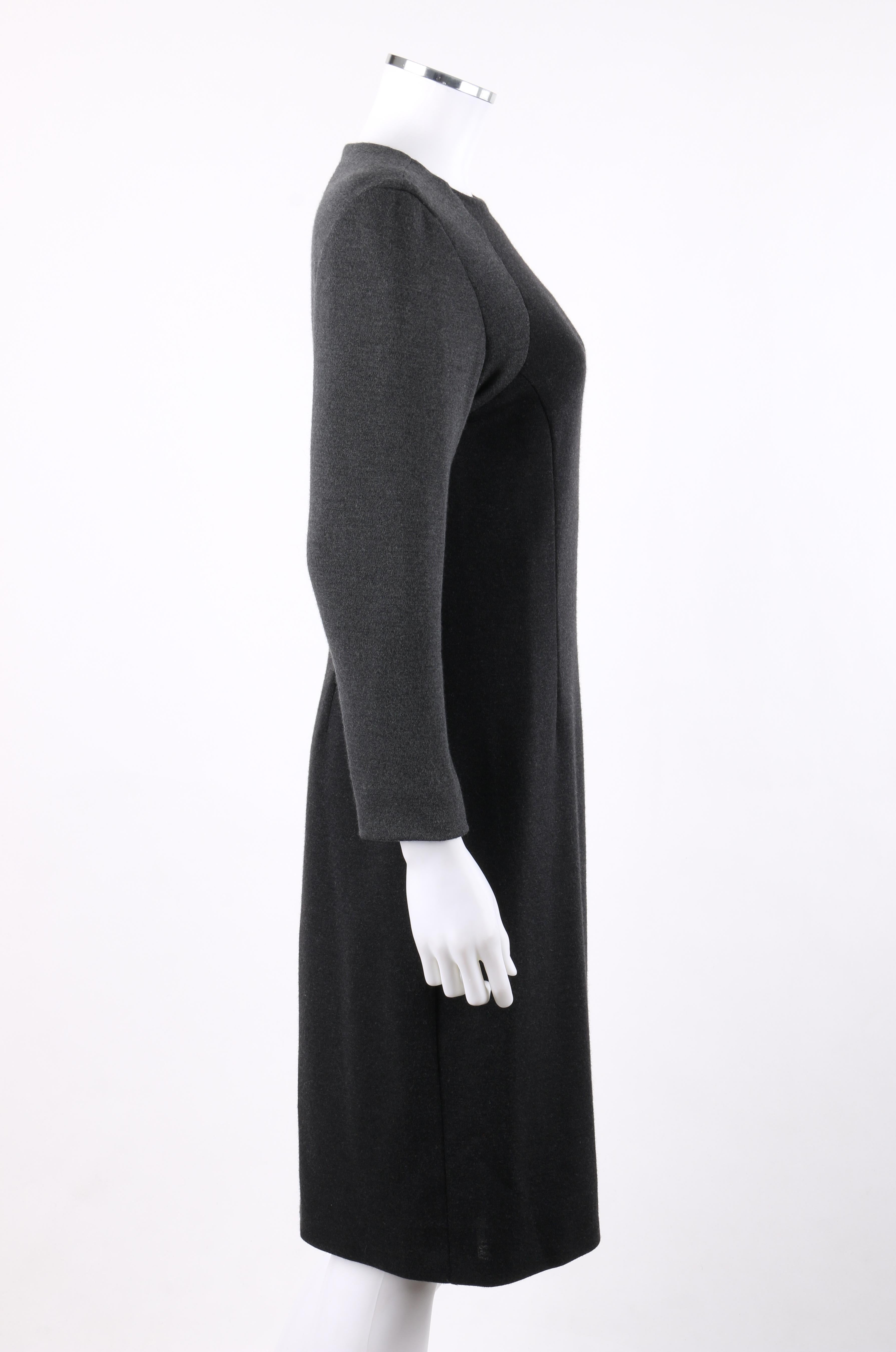 BILL BLASS c.1980’s Gray Black Color Block Long Sleeve Fitted Knit Sheath Dress In Good Condition In Thiensville, WI