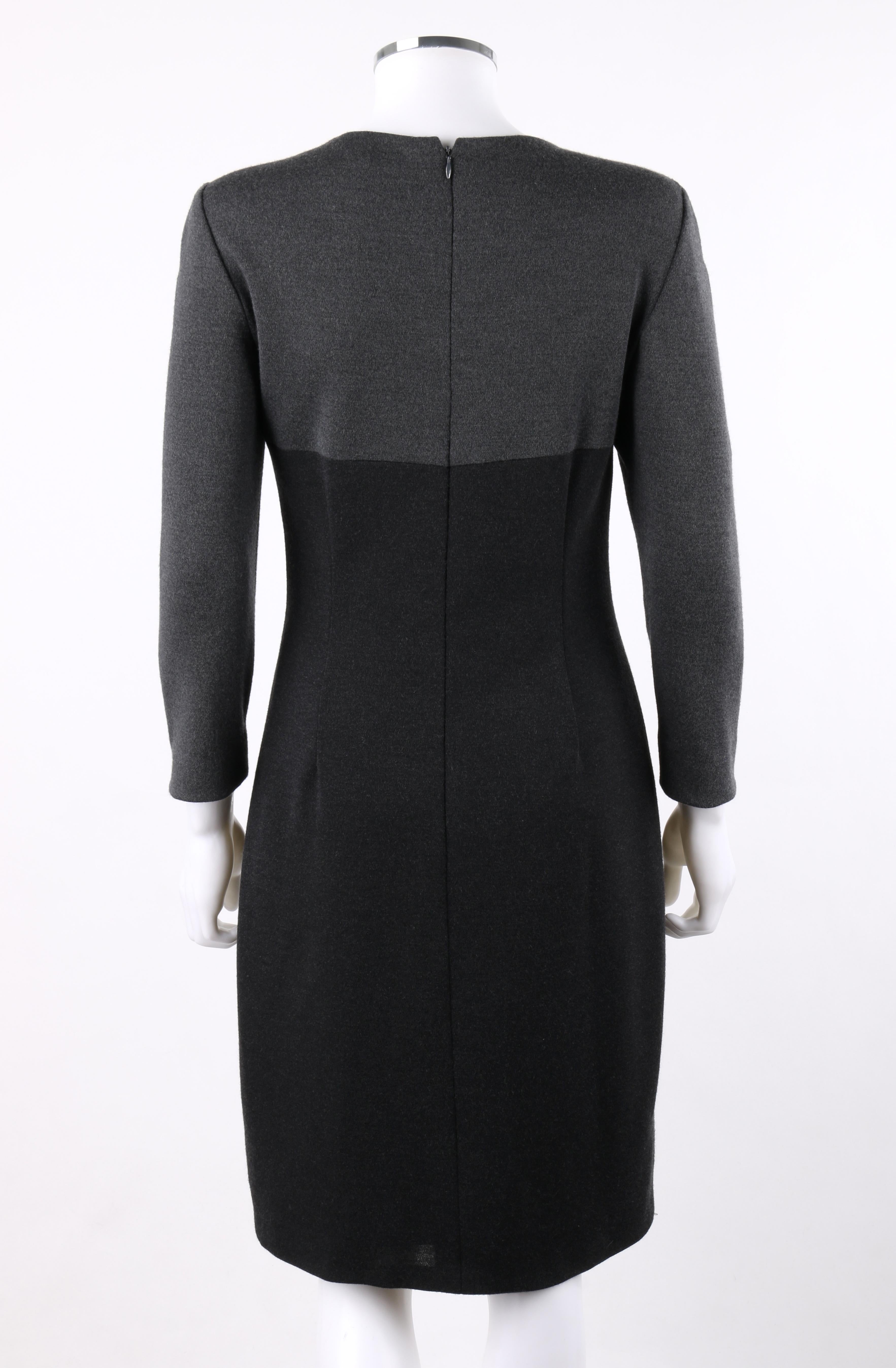 Women's BILL BLASS c.1980’s Gray Black Color Block Long Sleeve Fitted Knit Sheath Dress