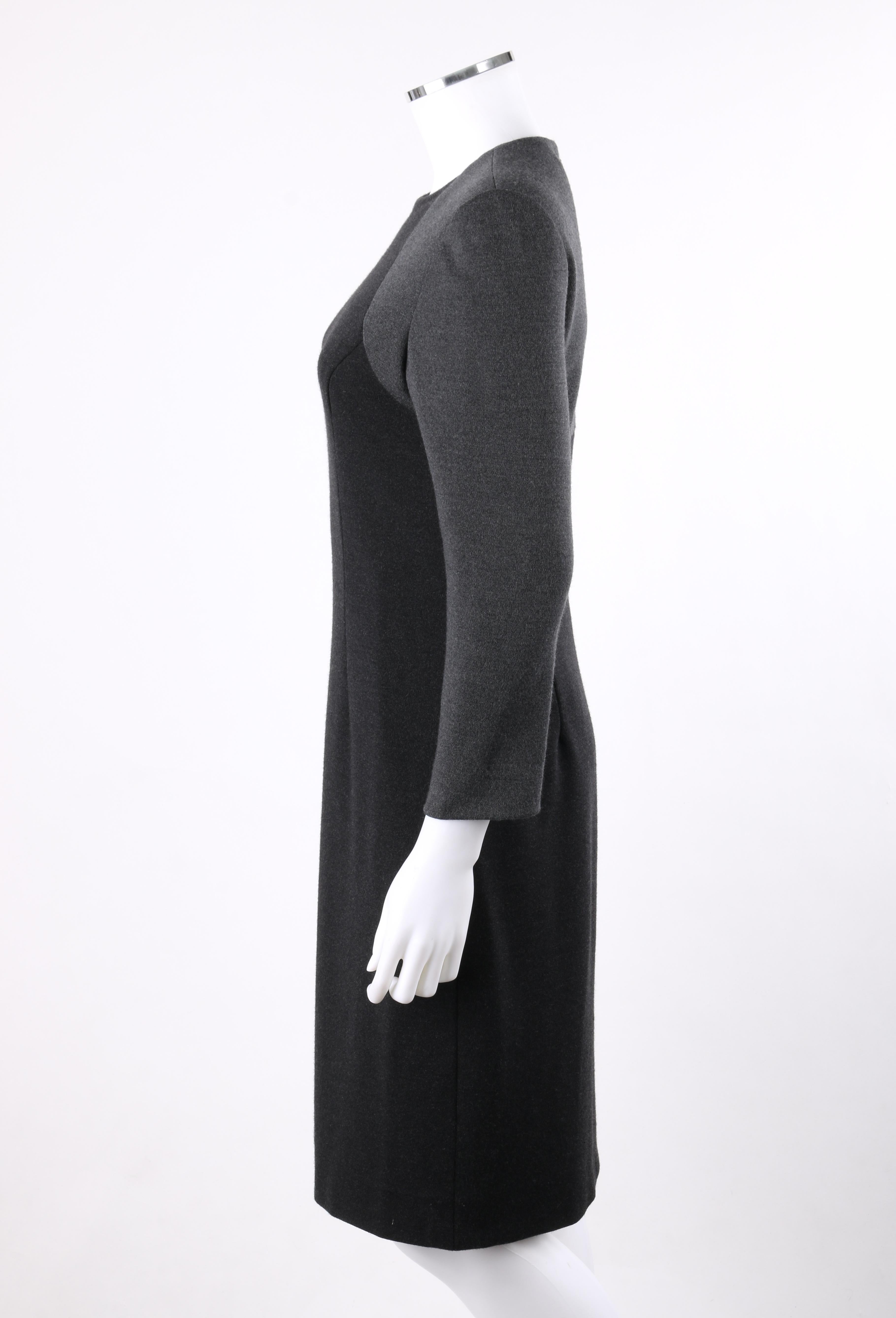 BILL BLASS c.1980’s Gray Black Color Block Long Sleeve Fitted Knit Sheath Dress 1