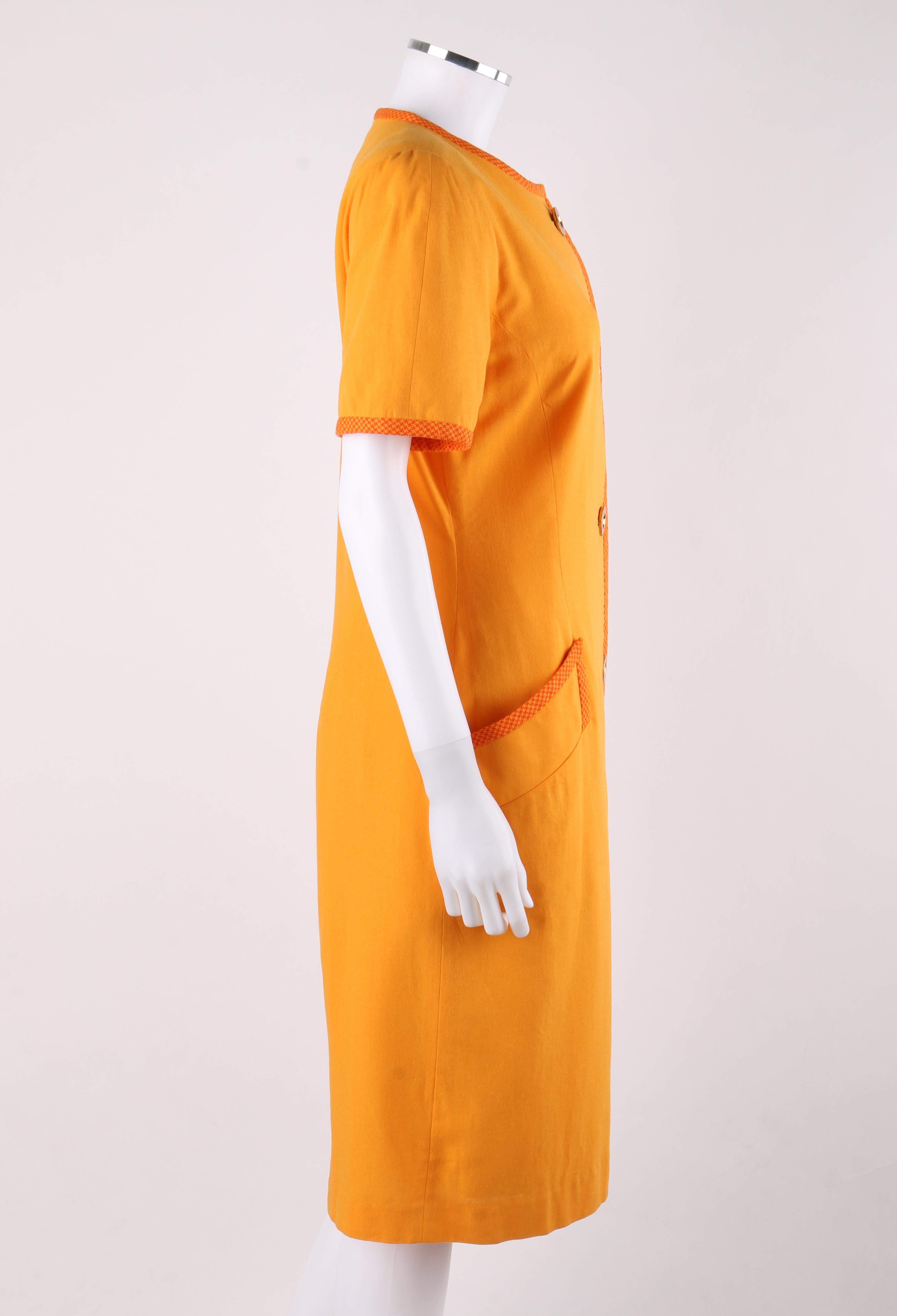 Women's BILL BLASS c.1980’s Orange Houndstooth Trim Short Sleeve Button Up Day Dress