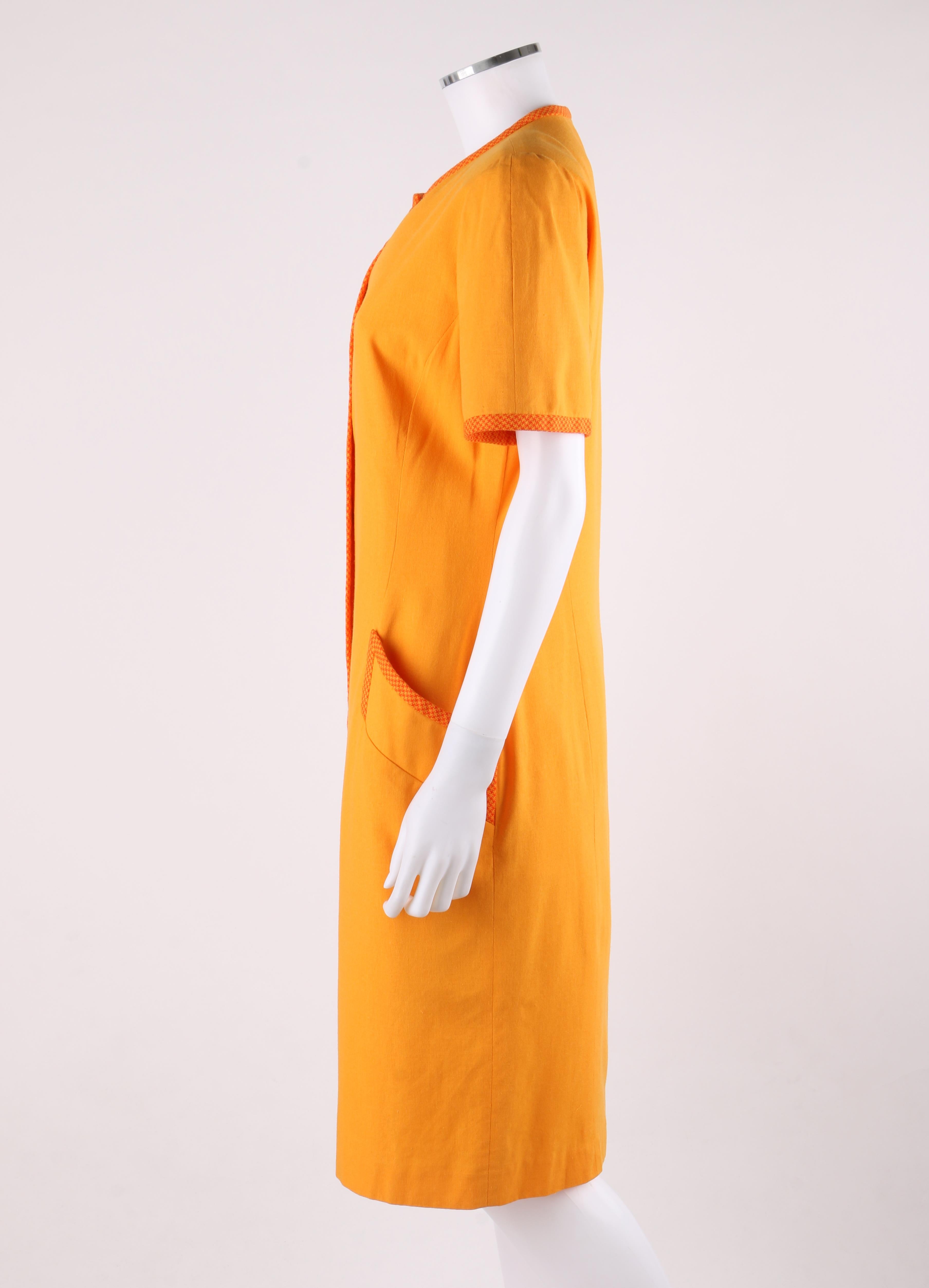 BILL BLASS c.1980’s Orange Houndstooth Trim Short Sleeve Button Up Day Dress 2
