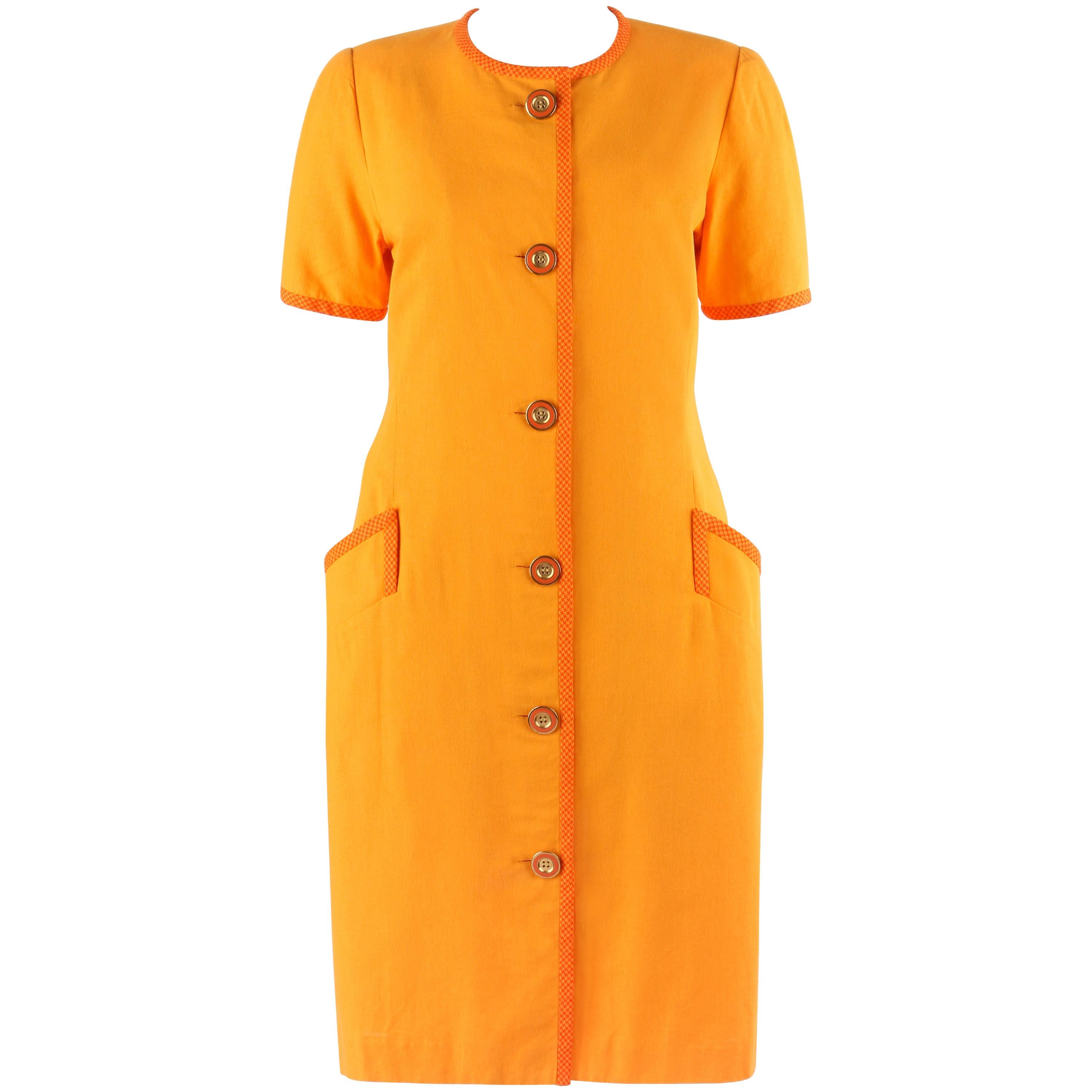 BILL BLASS c.1980’s Orange Houndstooth Trim Short Sleeve Button Up Day Dress