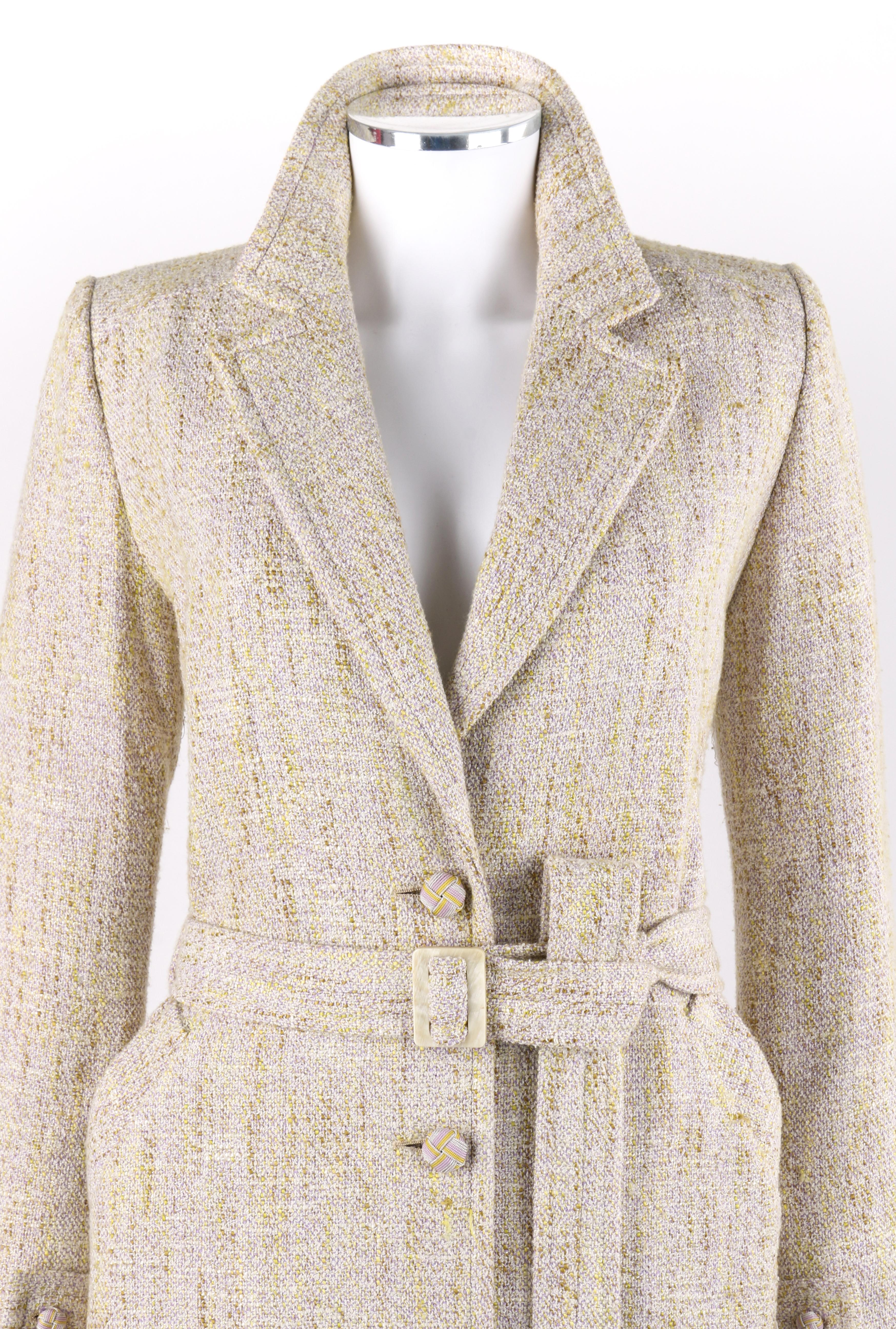 BILL BLASS c.1990’s Purple Yellow Wool Tweed Long Belted Overcoat
 
Circa: 1990’s
Label(s): Bill Blass / Made In U.S.A. / Neiman Marcus
Style: Overcoat
Color(s): Shades of beige, green, yellow and purple.
Lined: Yes
Unmarked Fabric Content (feel