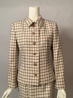 Traje de chaqueta y falda Bill Blass Cashmere Negro y Crema Tattersall a cuadros