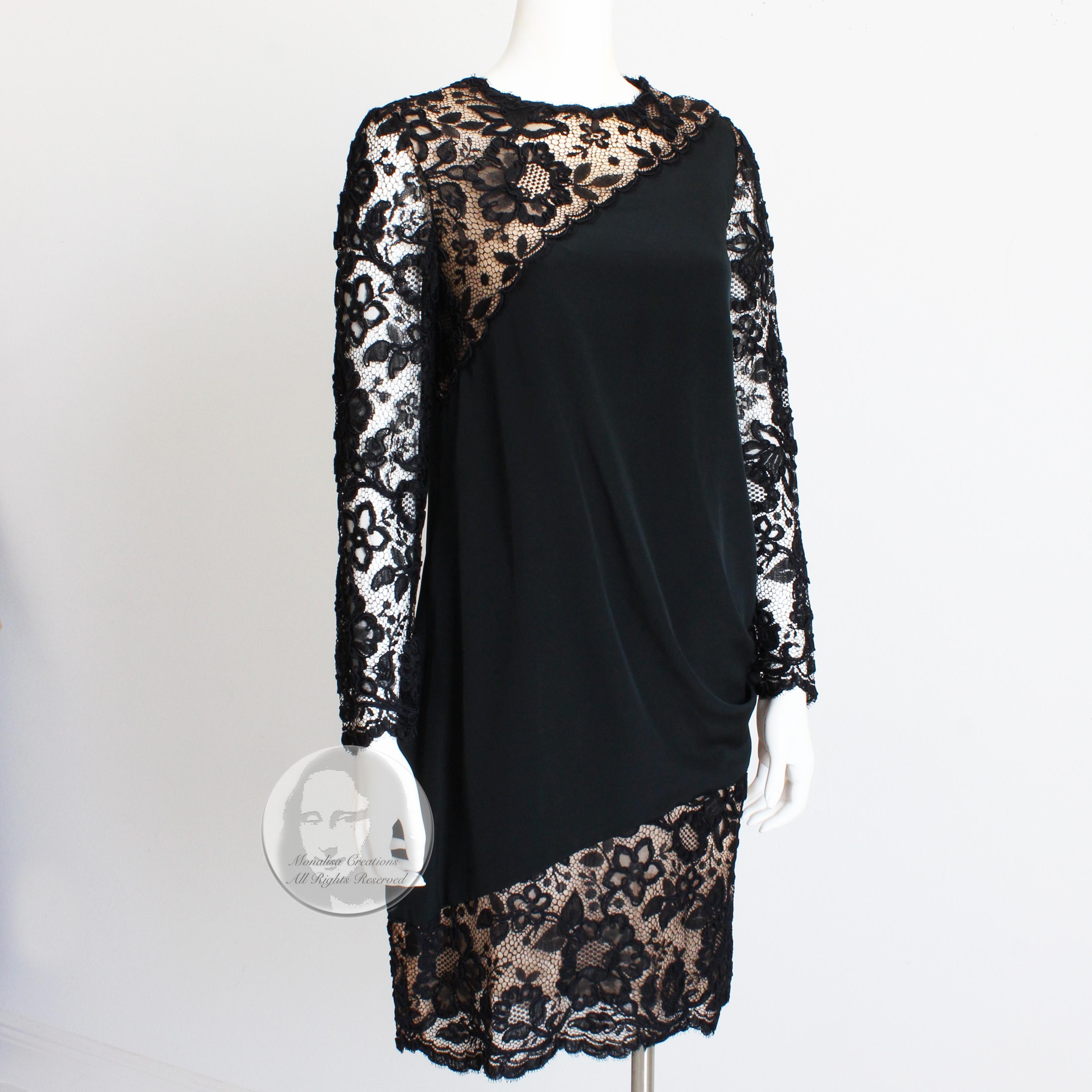 Bill Blass Cocktail Dress Black Illusion Lace Formal 70s Little Black Dress  In Good Condition For Sale In Port Saint Lucie, FL