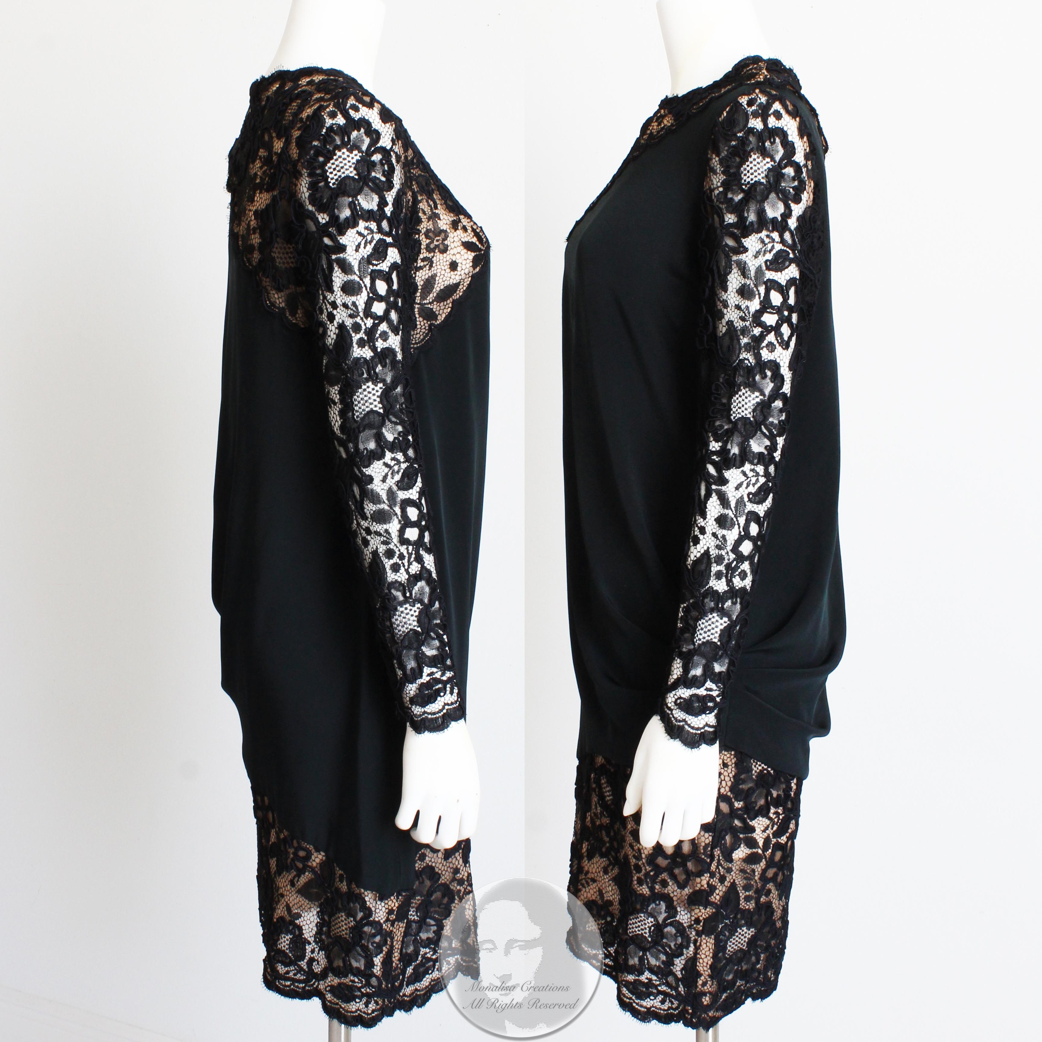 Women's Bill Blass Cocktail Dress Black Illusion Lace Formal 70s Little Black Dress  For Sale