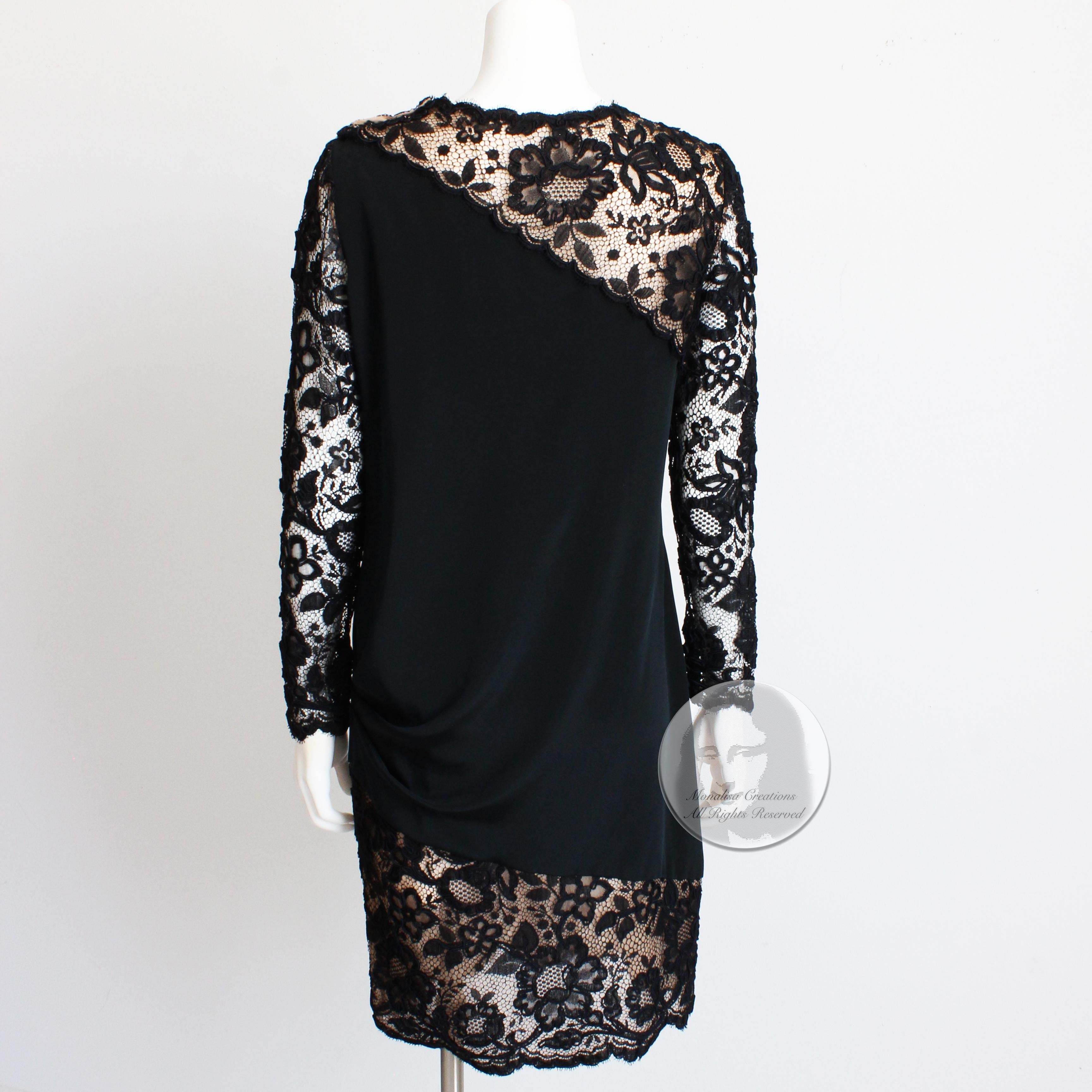 Bill Blass Cocktail Dress Black Illusion Lace Formal 70s Little Black Dress  For Sale 1