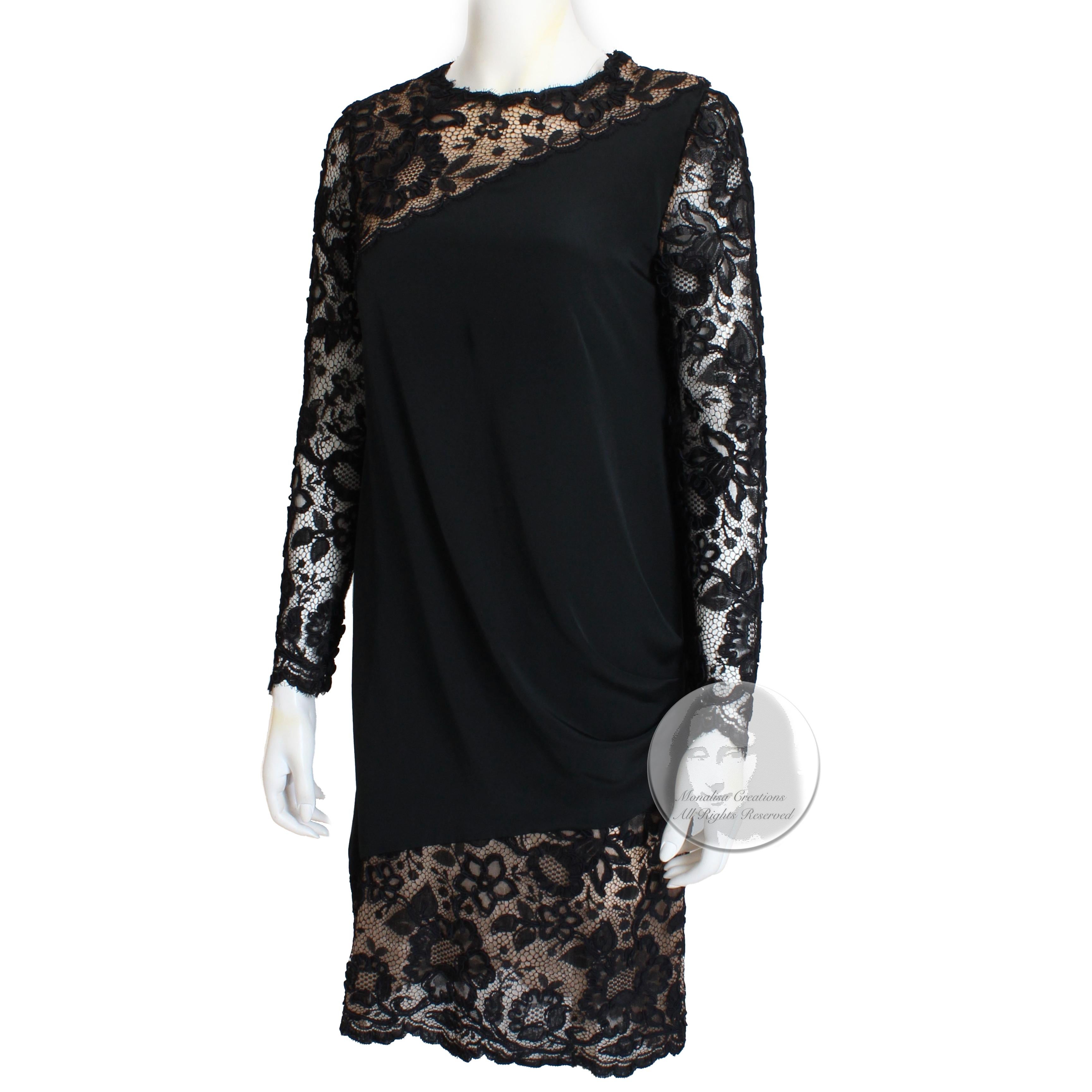 Bill Blass Cocktail Dress Black Illusion Lace Formal 70s Little Black Dress  For Sale 2