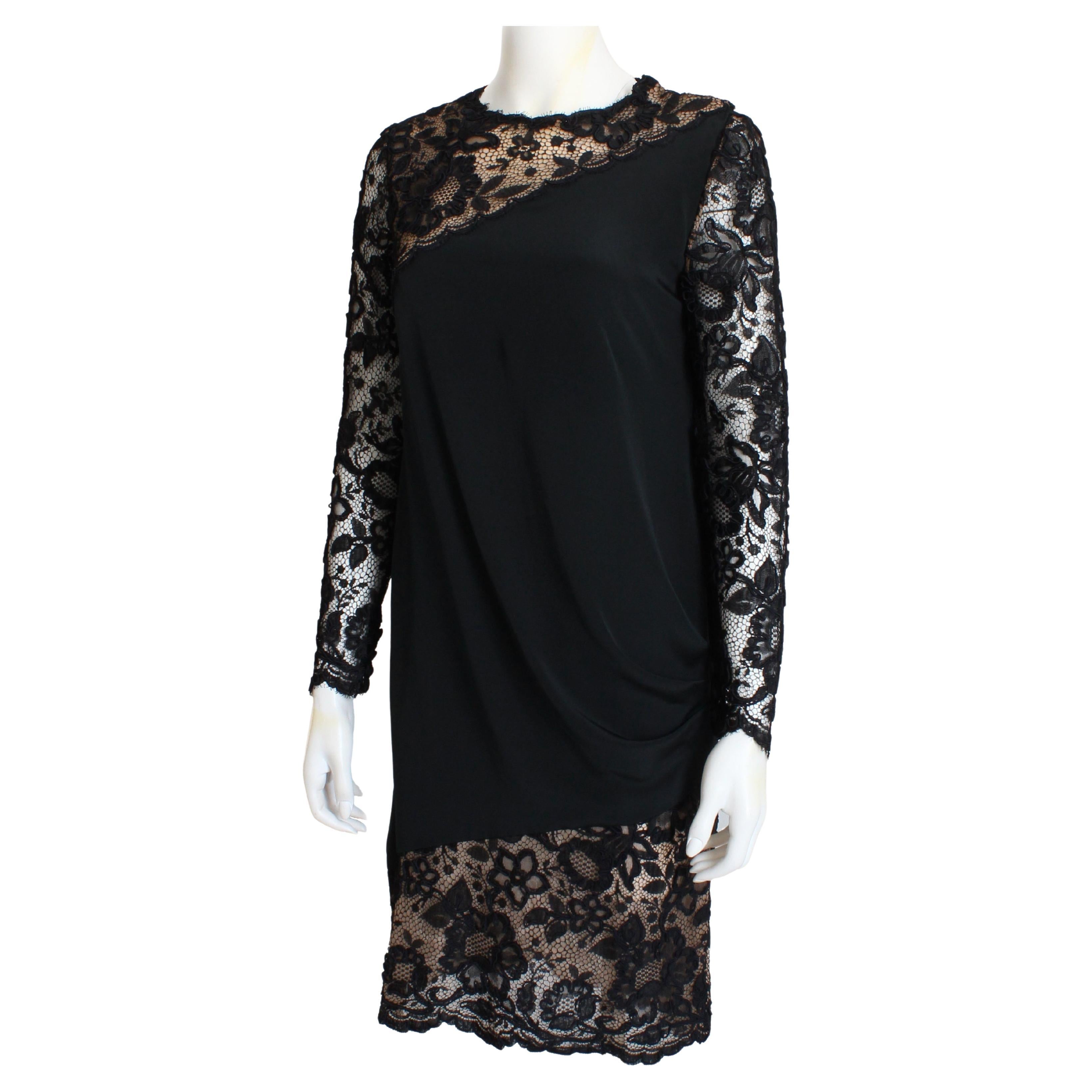 Bill Blass Cocktail Dress Black Illusion Lace Formal 70s Little Black Dress 