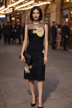 Bill Blass Vintage Black Cocktail Dress 1970s Floral Appliqué Sz 10
