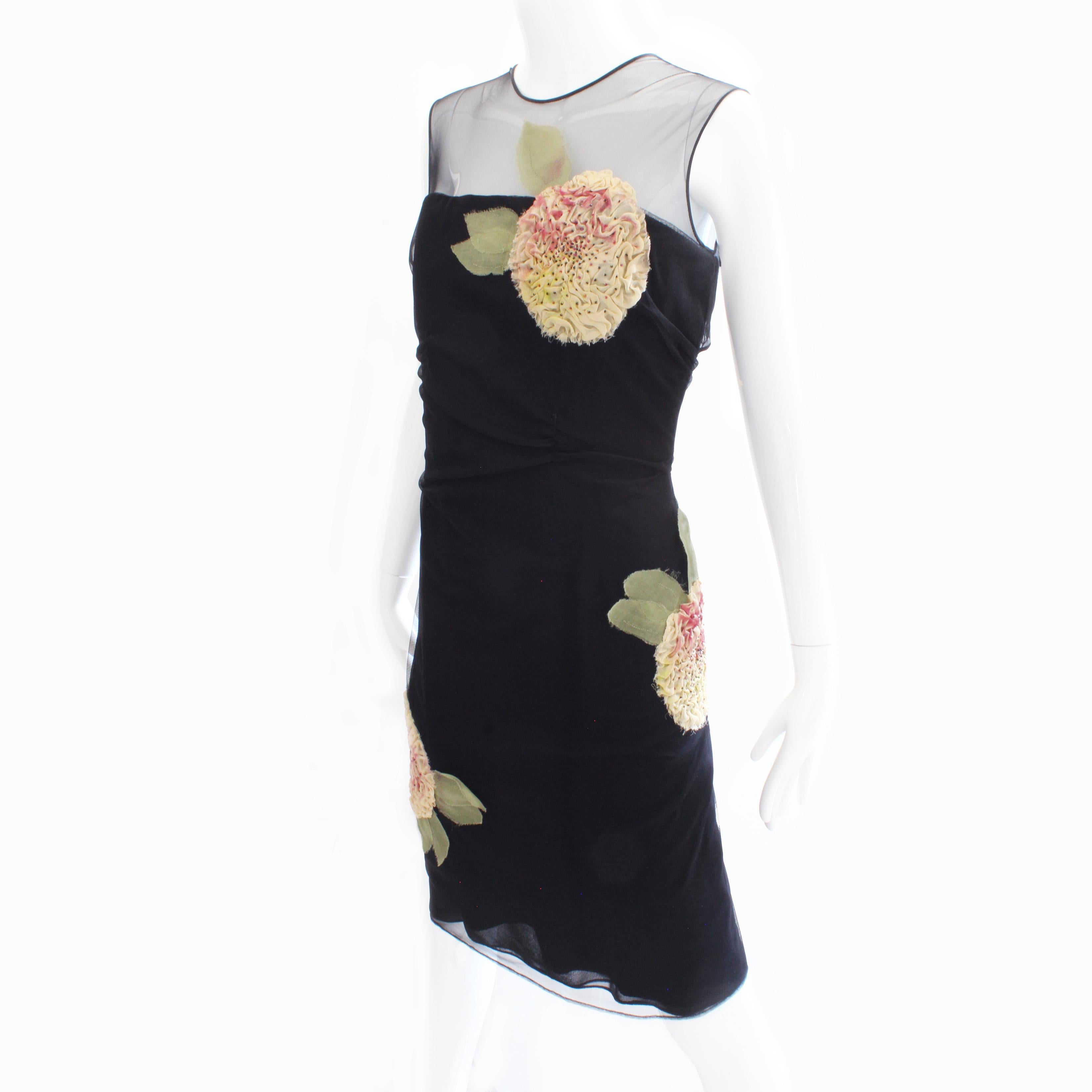 Bill Blass Cocktail Dress Dimensional Florals Corset Sheer Panels Vintage Sz 10 For Sale 1