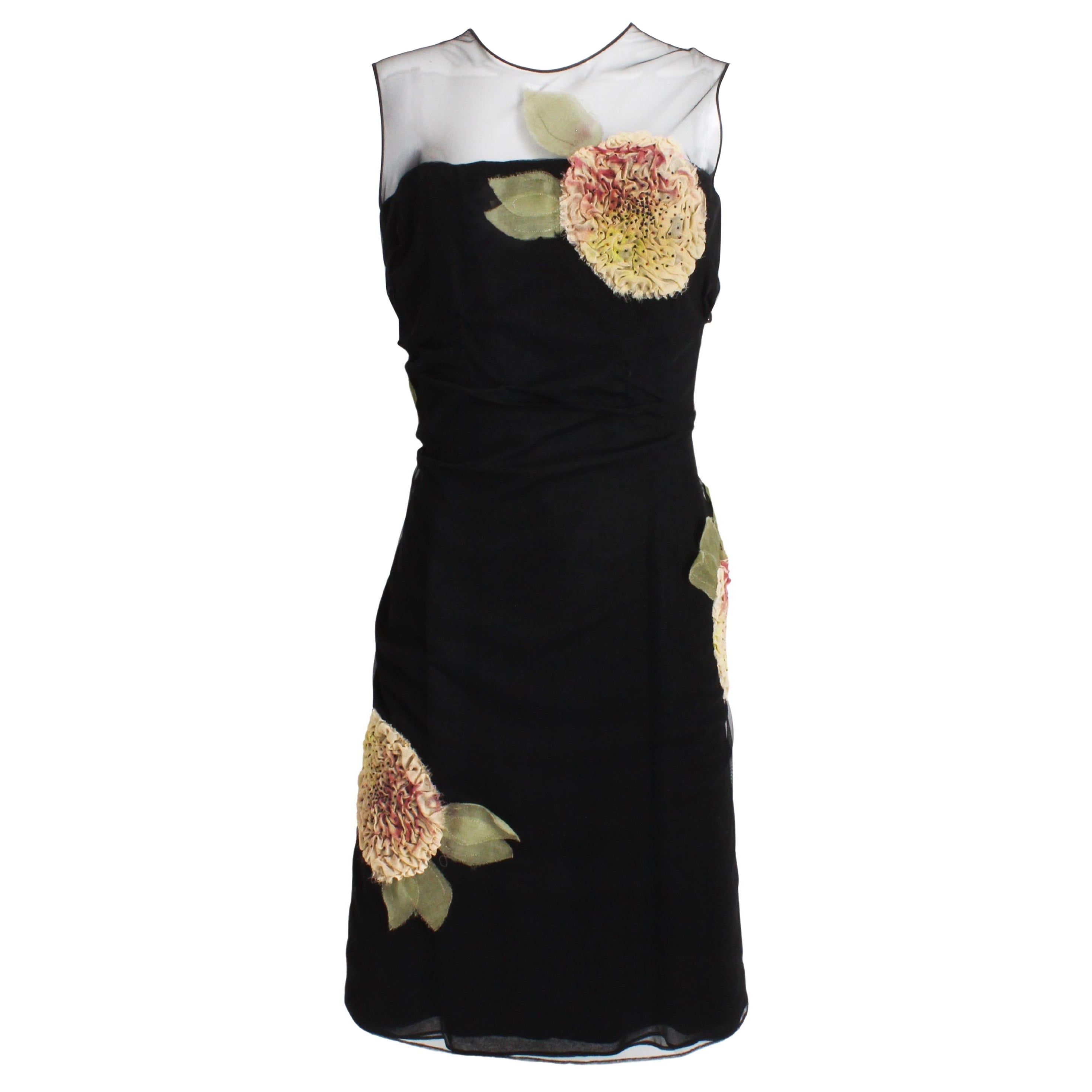 Bill Blass Cocktail Dress Dimensional Florals Corset Sheer Panels Vintage Sz 10 For Sale