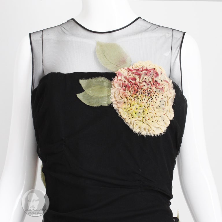 Women's or Men's Bill Blass Cocktail Dress with Bold Floral Applique LBD Sz 10 Vintage  For Sale