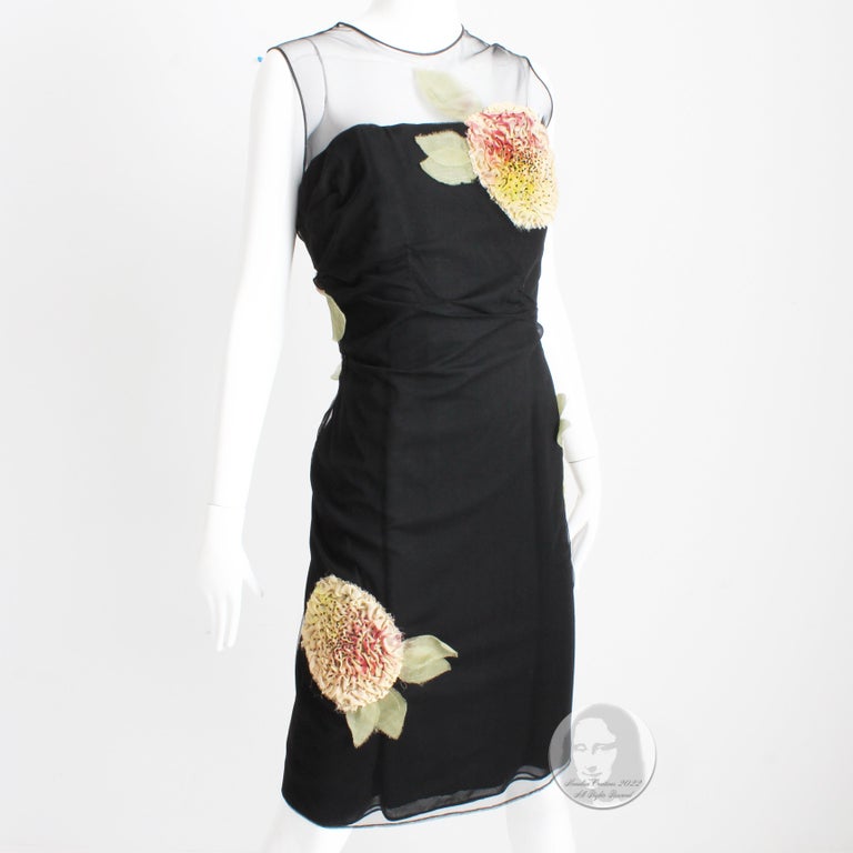 Bill Blass Cocktail Dress with Bold Floral Applique LBD Sz 10 Vintage  For Sale 1
