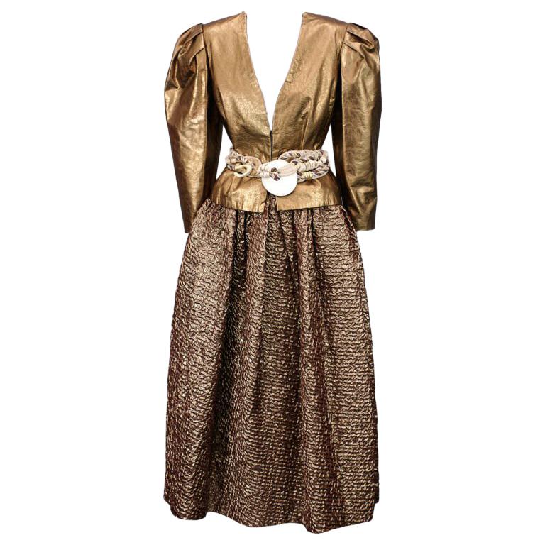 Bill Blass Copper Leather and Cloque Evening Ensemble For Sale