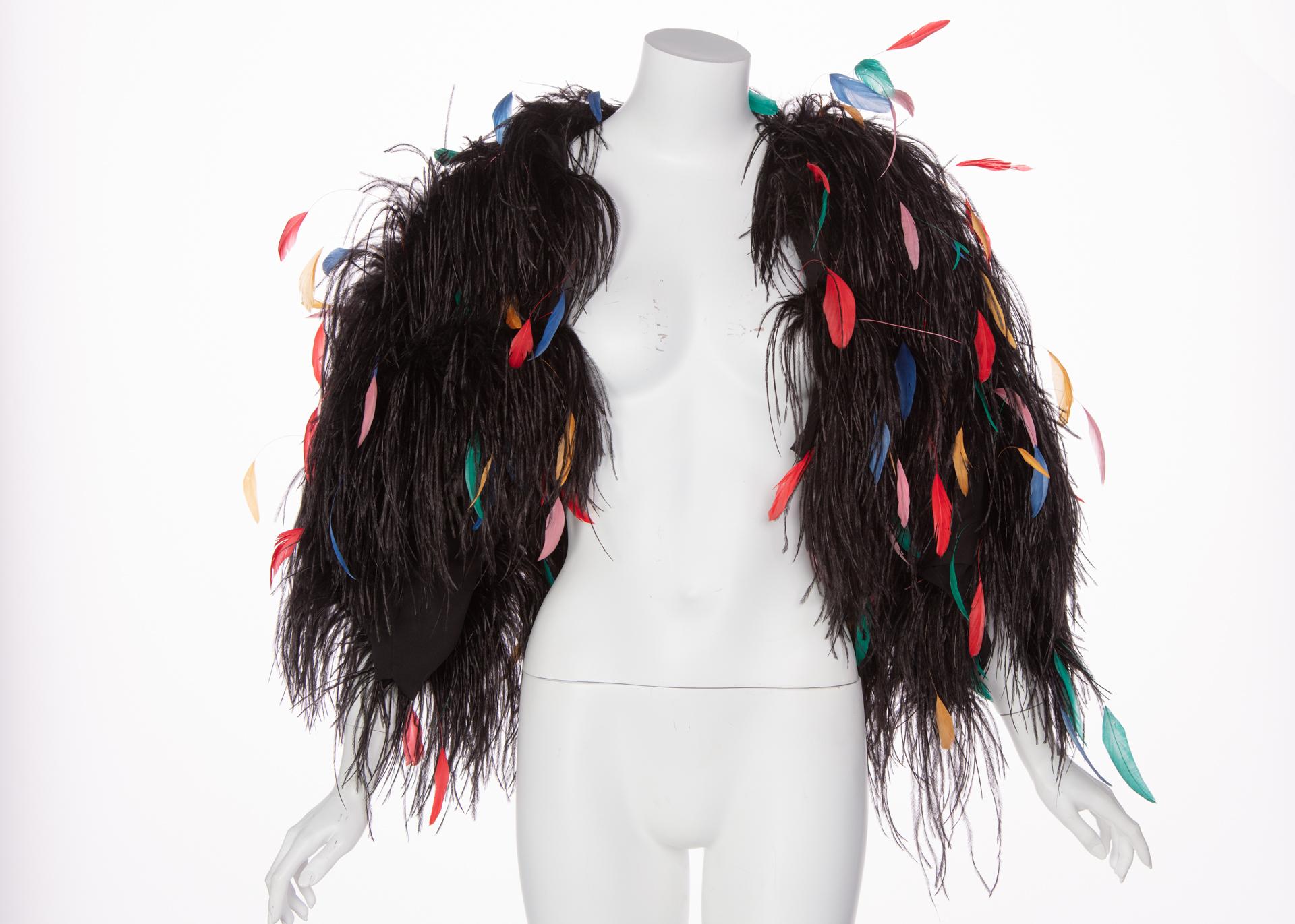 Bill Blass Couture Ostrich Feather Rainbow Bolero Jacket, 1970s  3